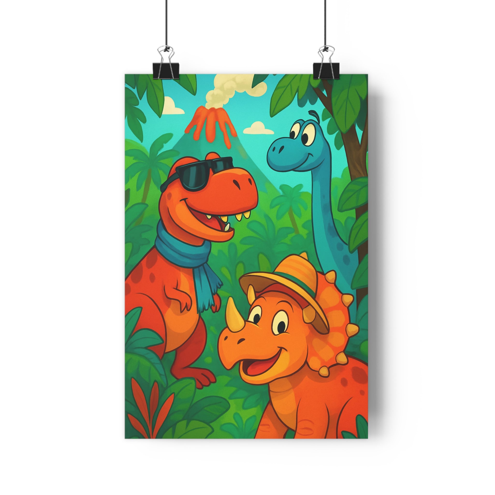 Poster décoratif dinosaures orange cartoon aventure jungle enfants chambre joyeux coloré amusant dynamique mural