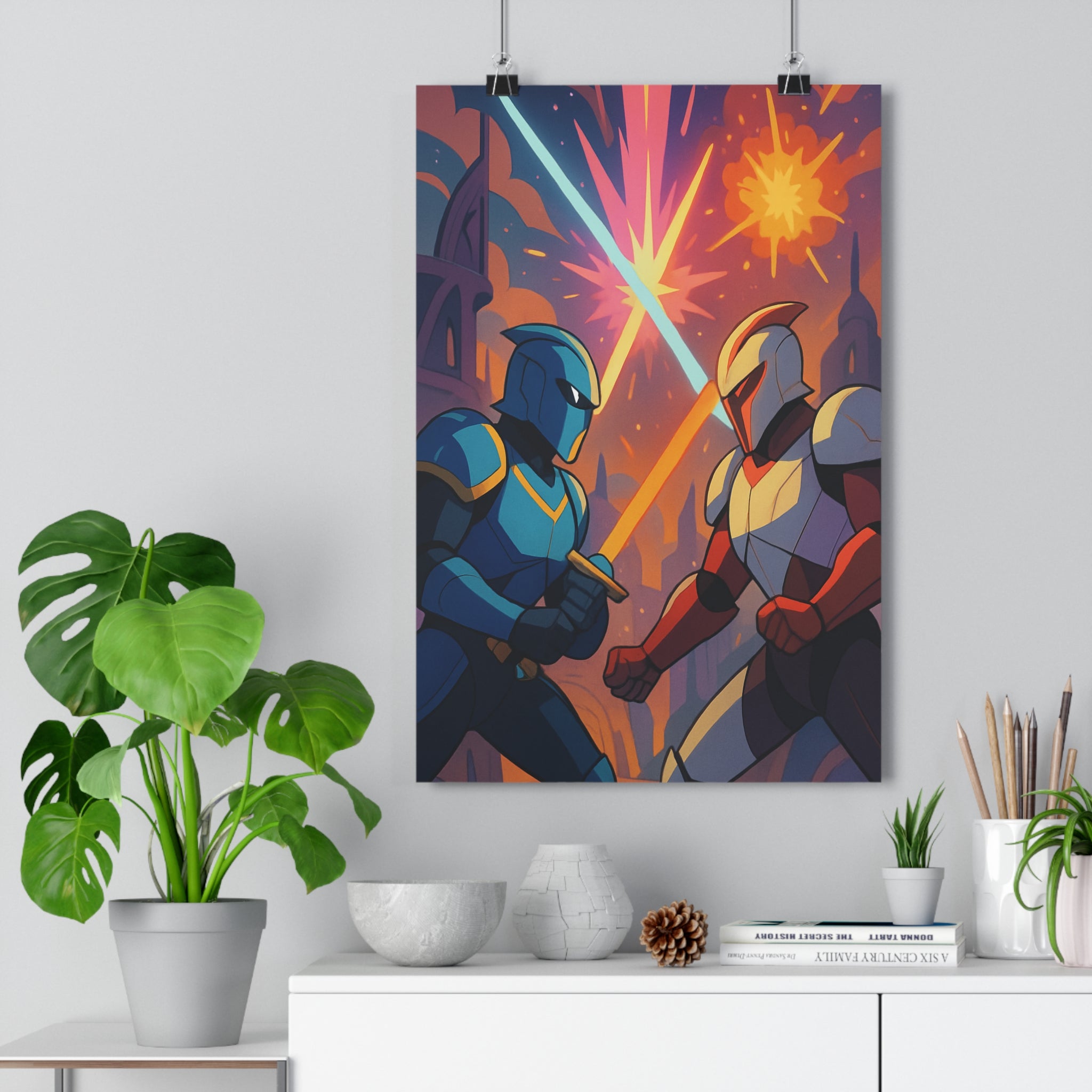 Poster décoratif futuriste chevaliers bleu rouge duel épique animé lumineux chambre salon bureau vibrant