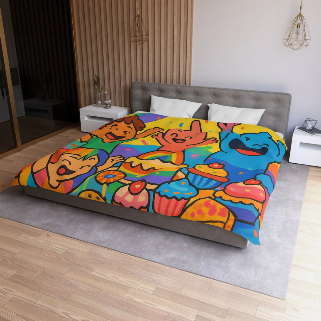 Housse de couette arc-en-ciel enfantine avec personnages joyeux et gâteau festif coloré