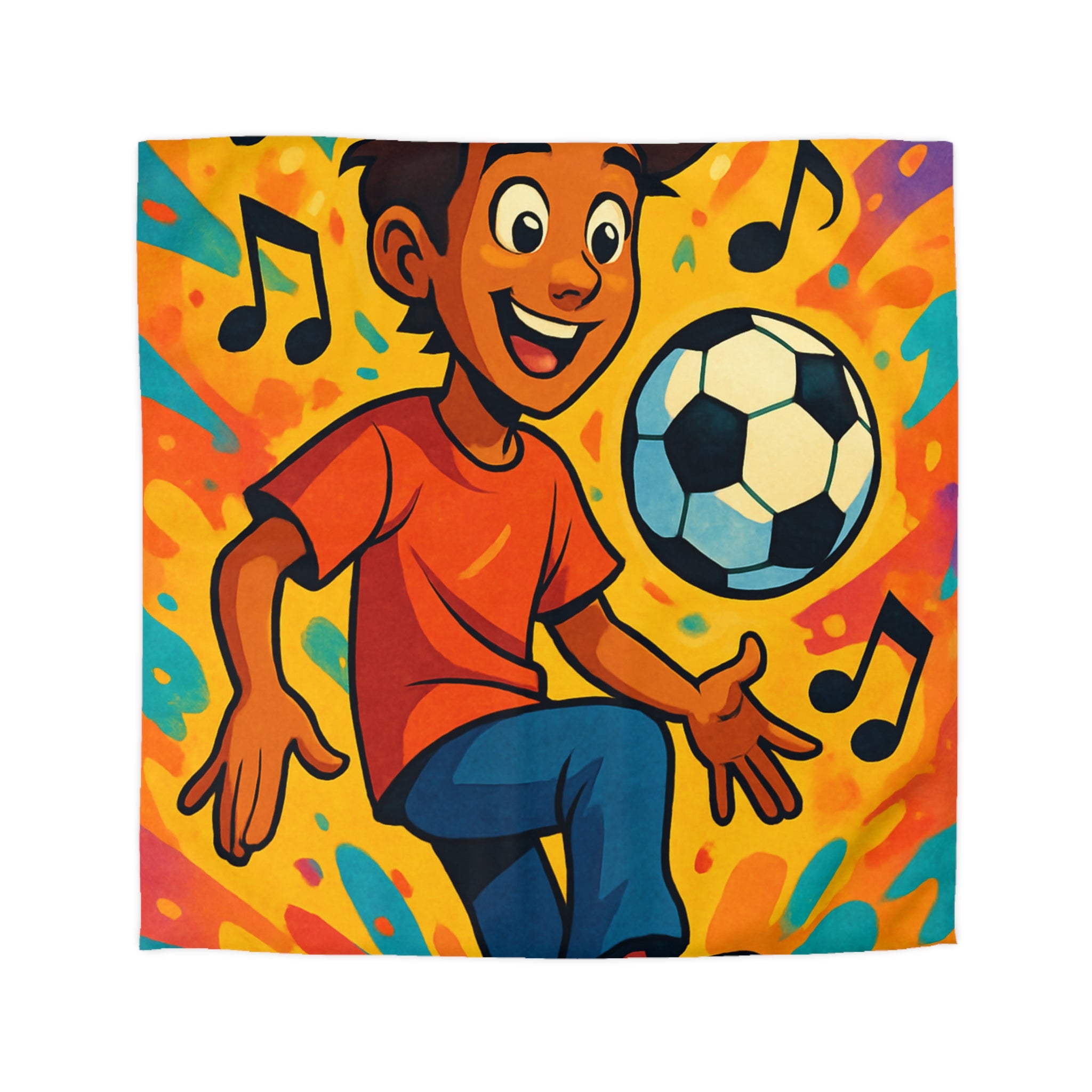 Housse de Couette Sport Jeune Garçon Jouant au Football avec Notes Musicales