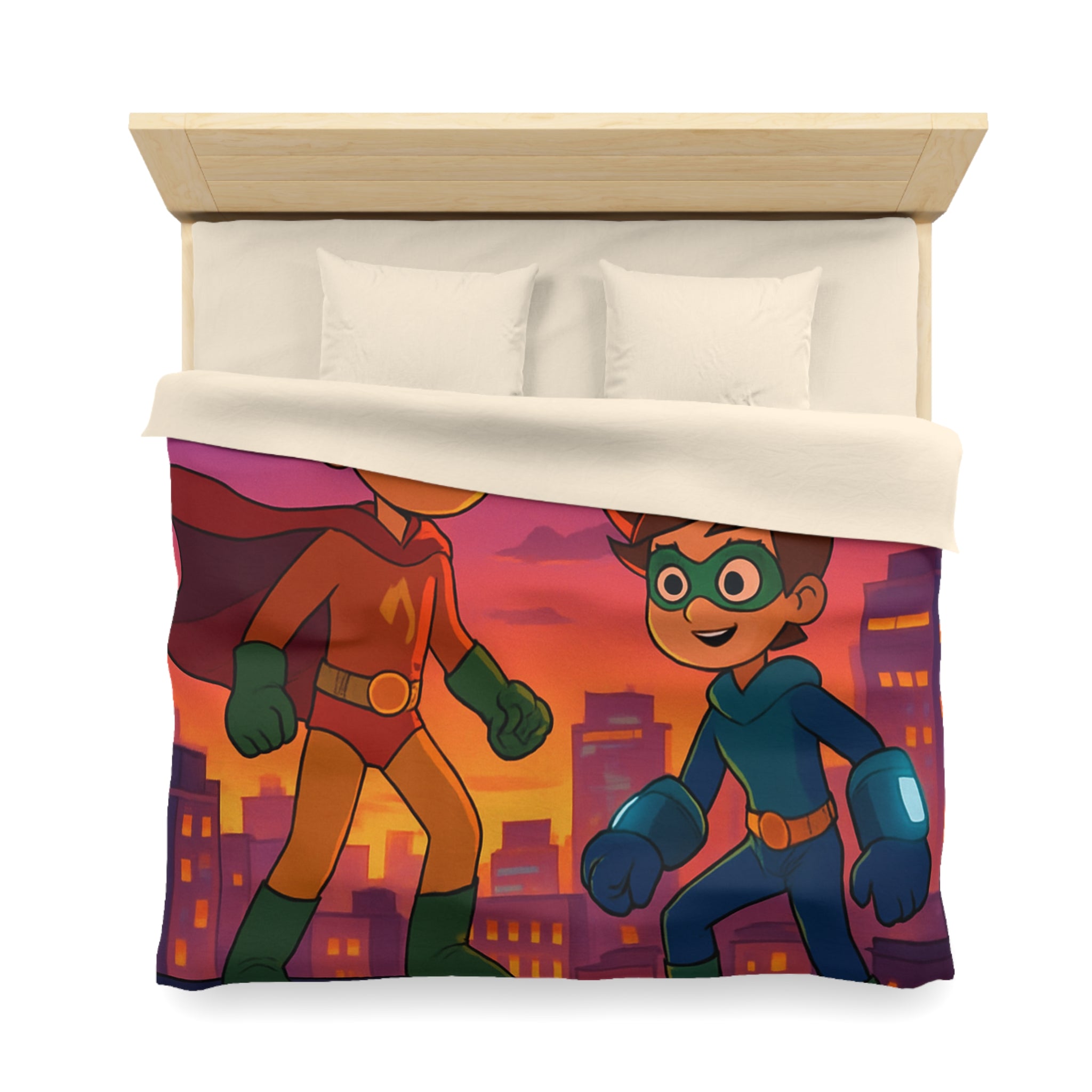 Housse de couette pour enfants avec deux jeunes super-héros au coucher du soleil