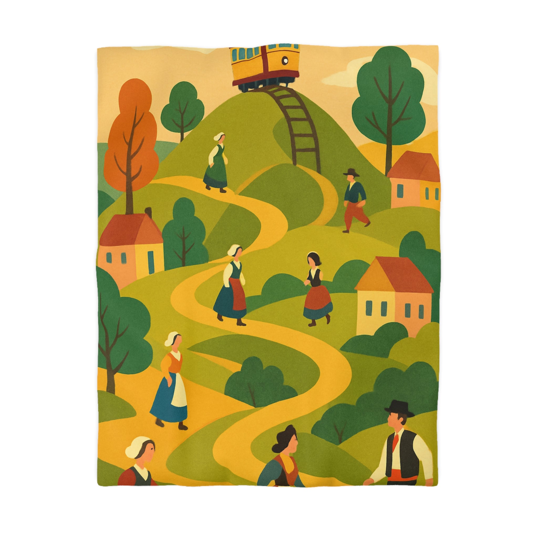 Housse de couette vintage avec tramway coloré sur colline et village pittoresque