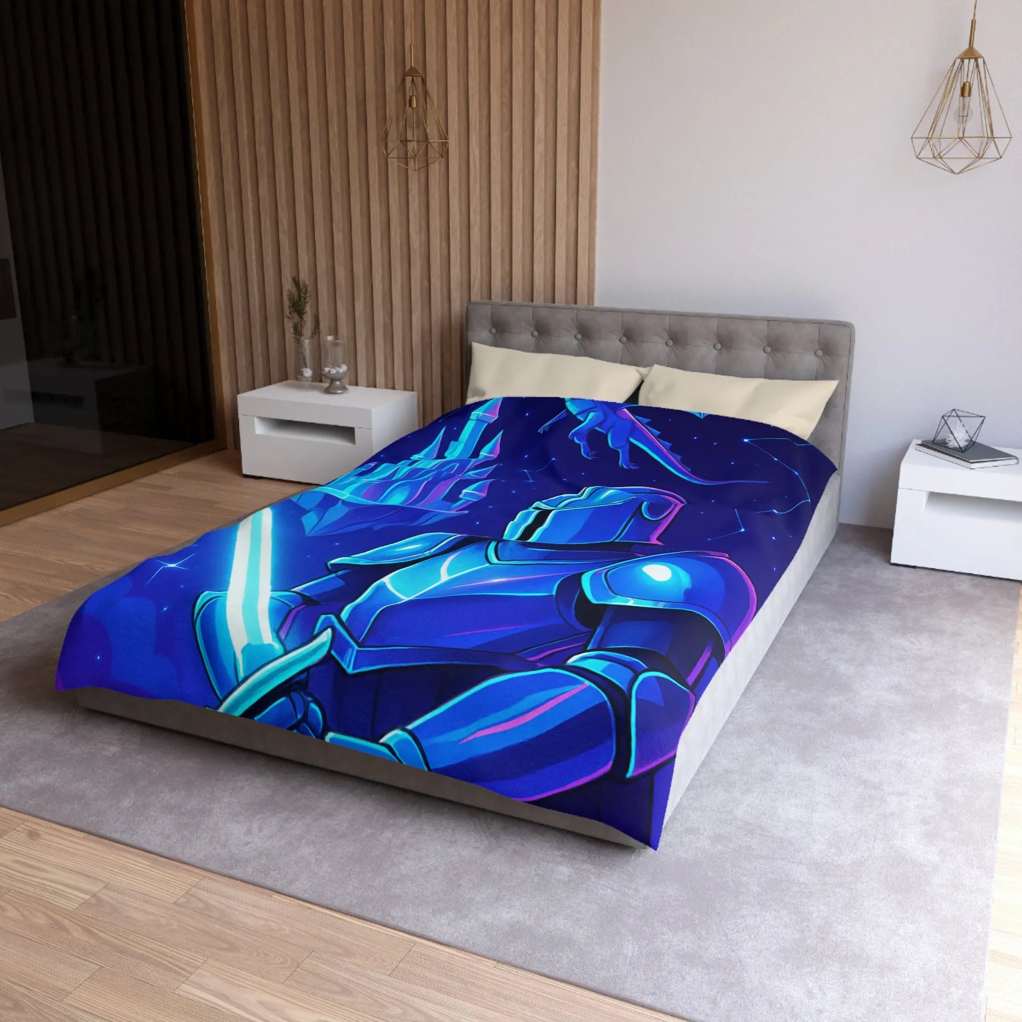 Housse de couette fantastique avec chevalier et dragon, ambiance médiévale et couleurs vives