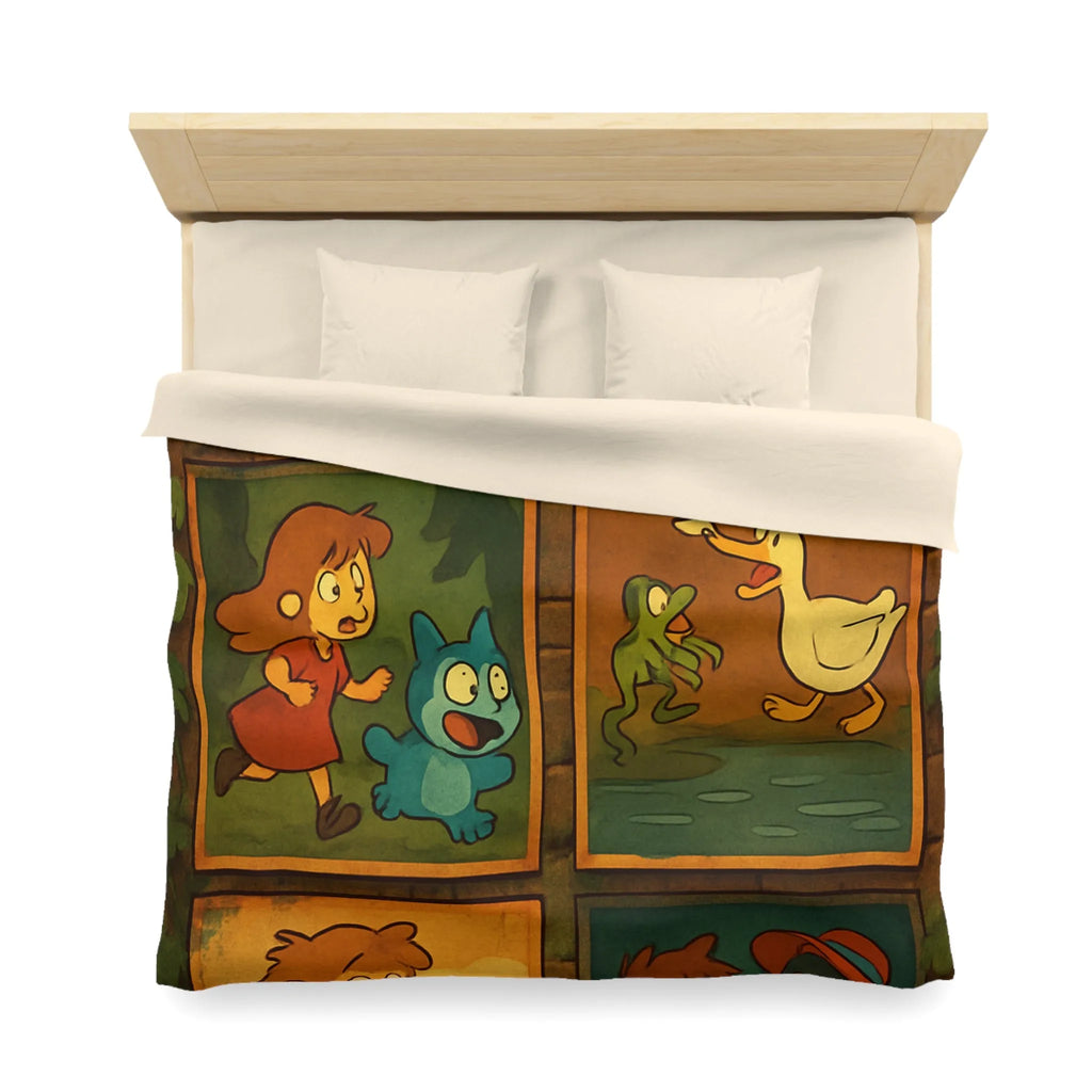 Housse de couette illustrée de scènes animées animalières et humaines ludiques et colorées