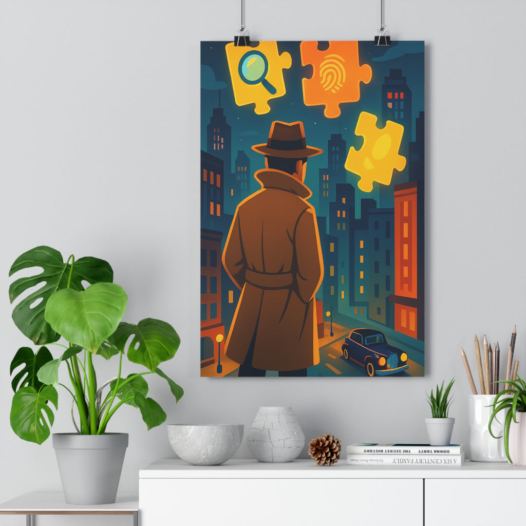 Poster décoratif moderne détective bleu orange mystère chambre salon ambiance impression haute qualité intrigue