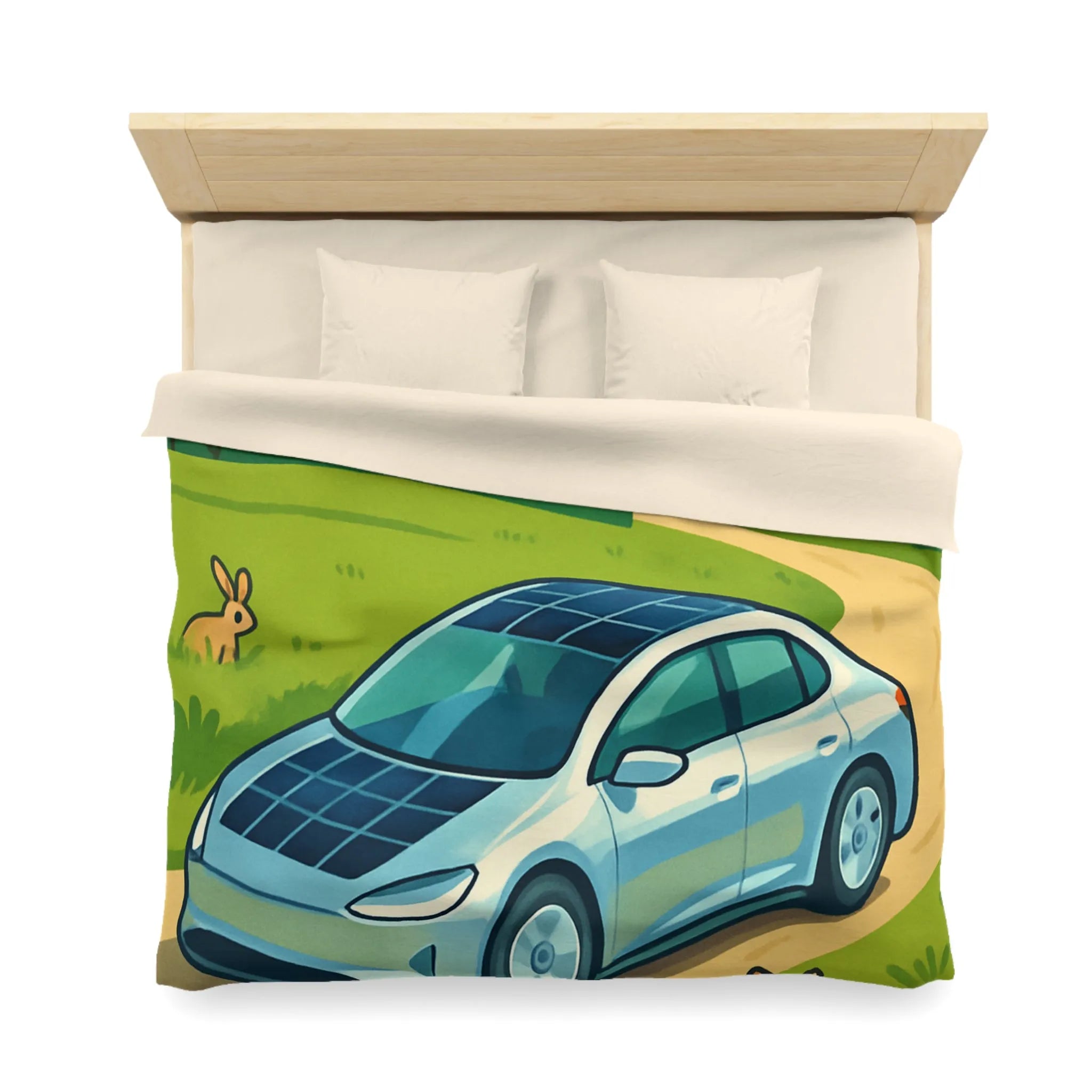 Housse de couette écologique avec voiture solaire, éoliennes et animaux dans la nature