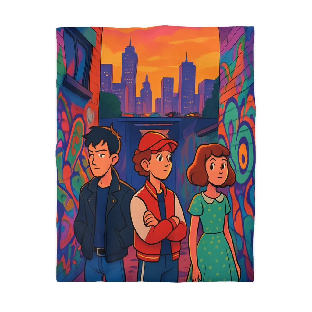 Exploration Urbaine Colorée Révélant Une Scène Enchantée de Graffiti avec Trois Adolescents