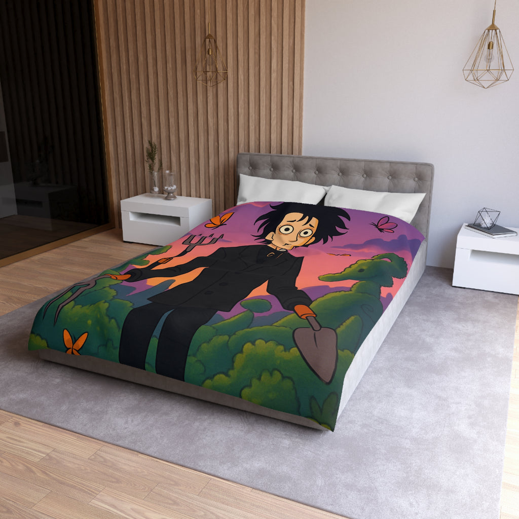 Housse de couette stylée avec personnage rêveur, jardin magique et papillons colorés