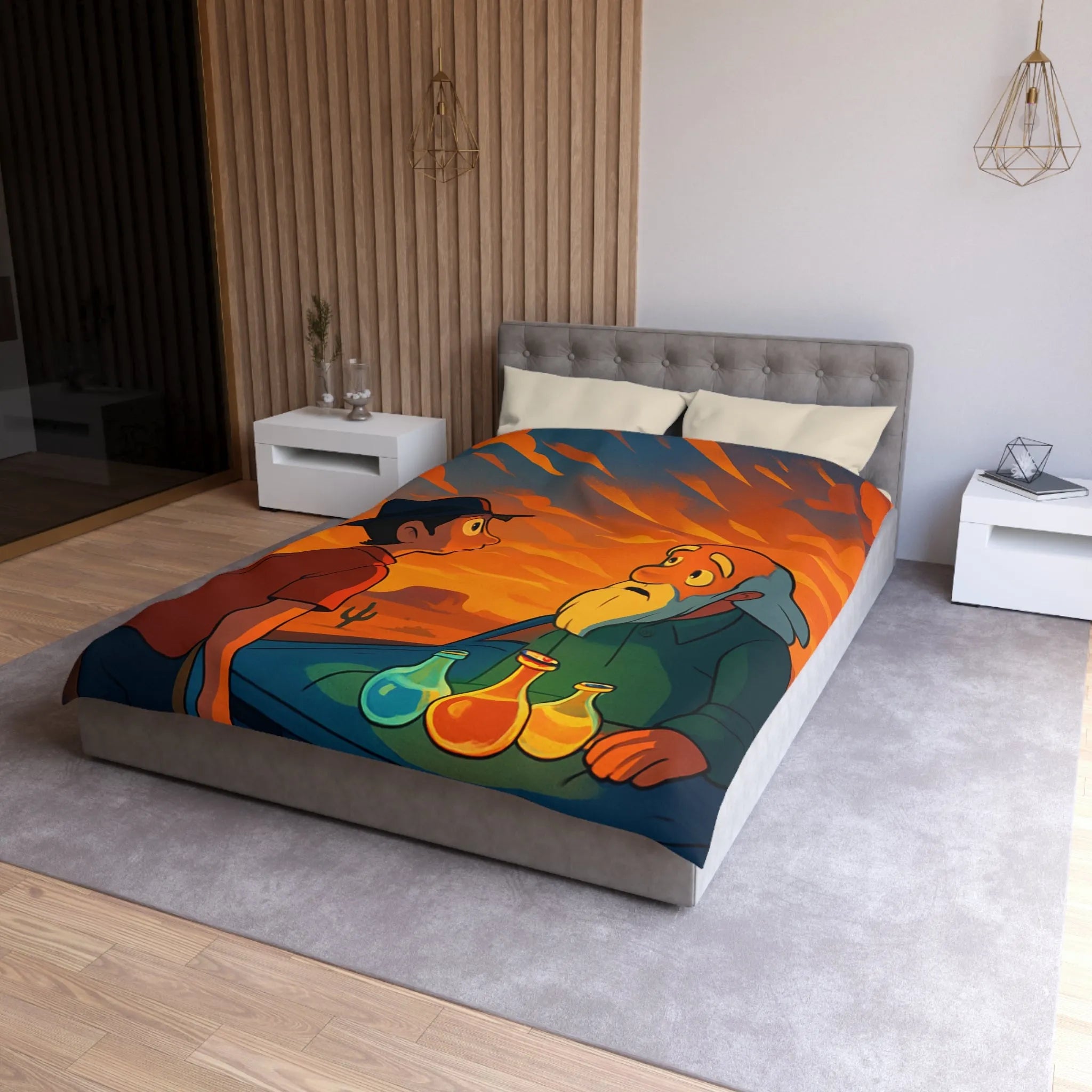 Housse de couette artistique coucher de soleil désertique avec flacons lumineux et personnages