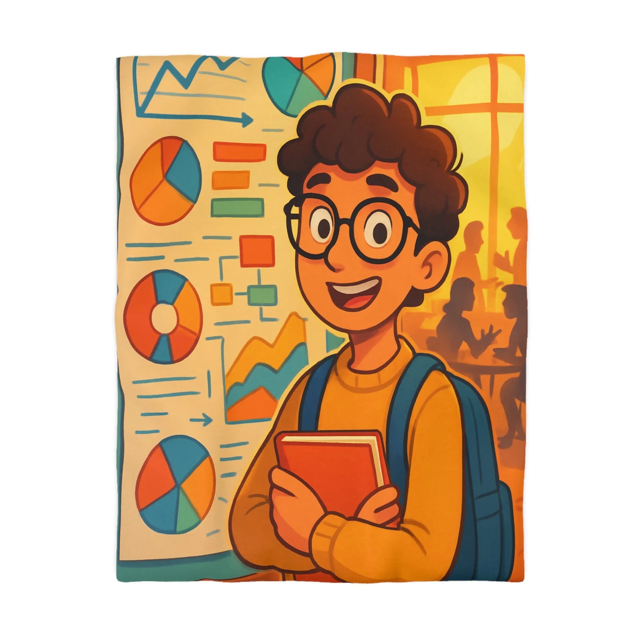 Housse de couette avec motif graphique coloré et personnage étudiant portant lunettes