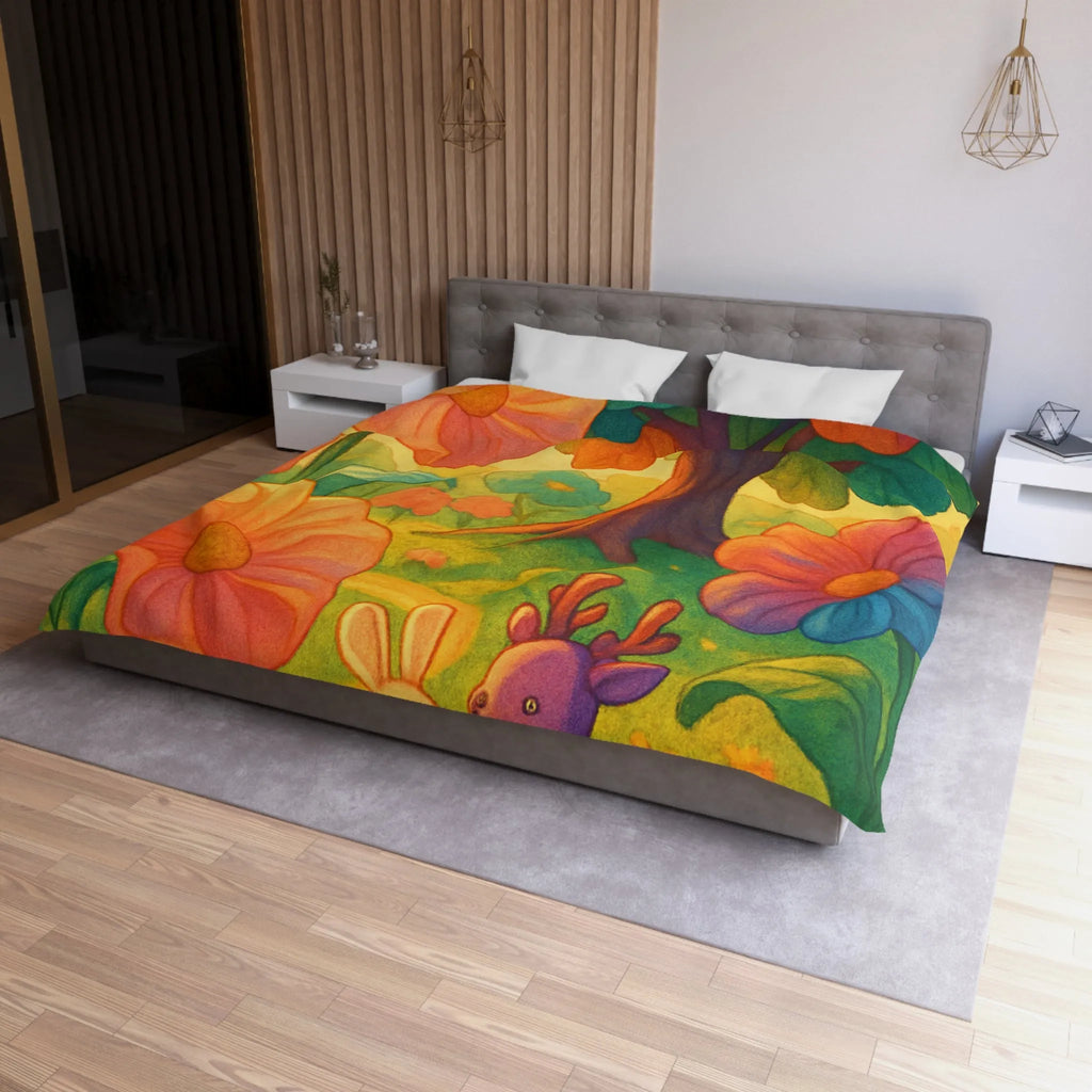 Housse de couette avec animaux mignons et fleurs colorées dans une forêt féerique