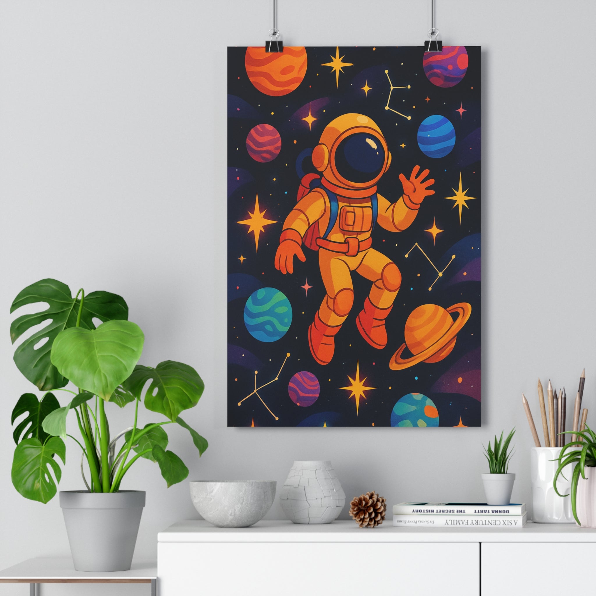 Poster décoratif scifi rétro moderne astronaute espace planètes étoiles salon chambre bureau 30x46 cm
