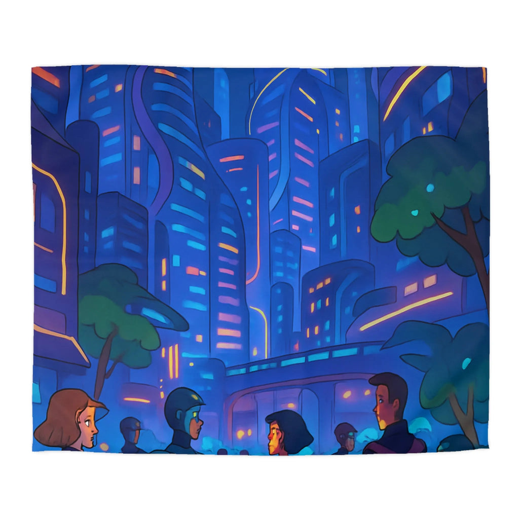 Housse de couette futuriste urbaine pour chambre moderne avec gratte-ciels illuminés la nuit