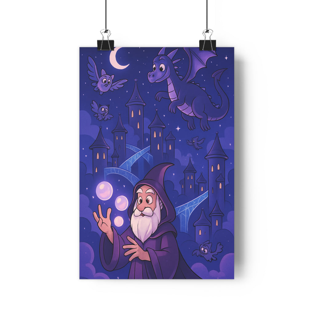 Poster décoratif fantaisie violet bleu magique mystique chambre enfant dragon magicien hibou animé qualité
