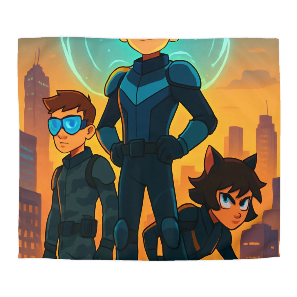 Ensemble d'aventure animé avec enfants héros sur fond urbain au crépuscule