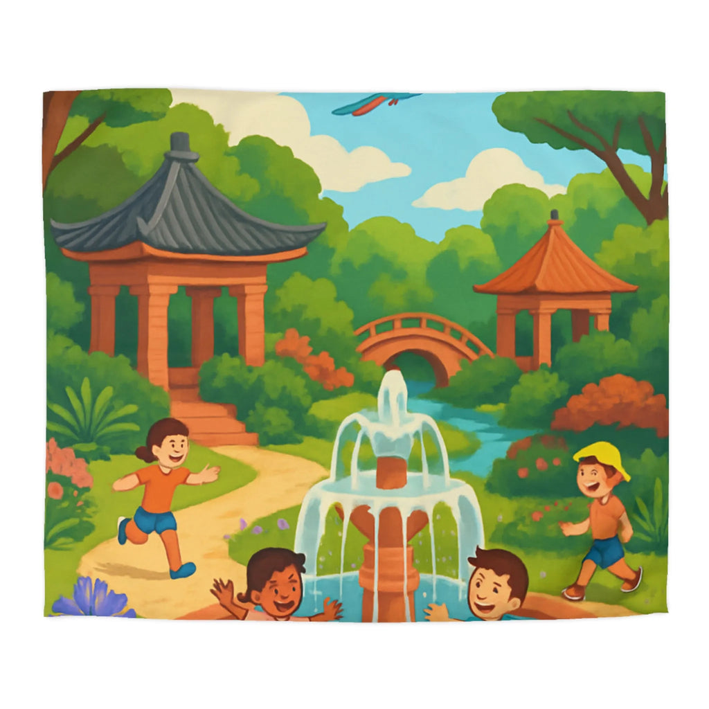 Housse de couette colorée avec enfants jouant autour d'une fontaine joyeuse au parc