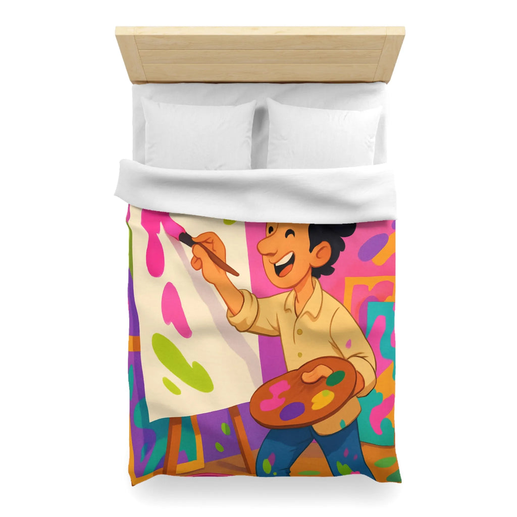 Housse de couette colorée avec artiste joyeux peignant des éclaboussures lumineuses abstraites