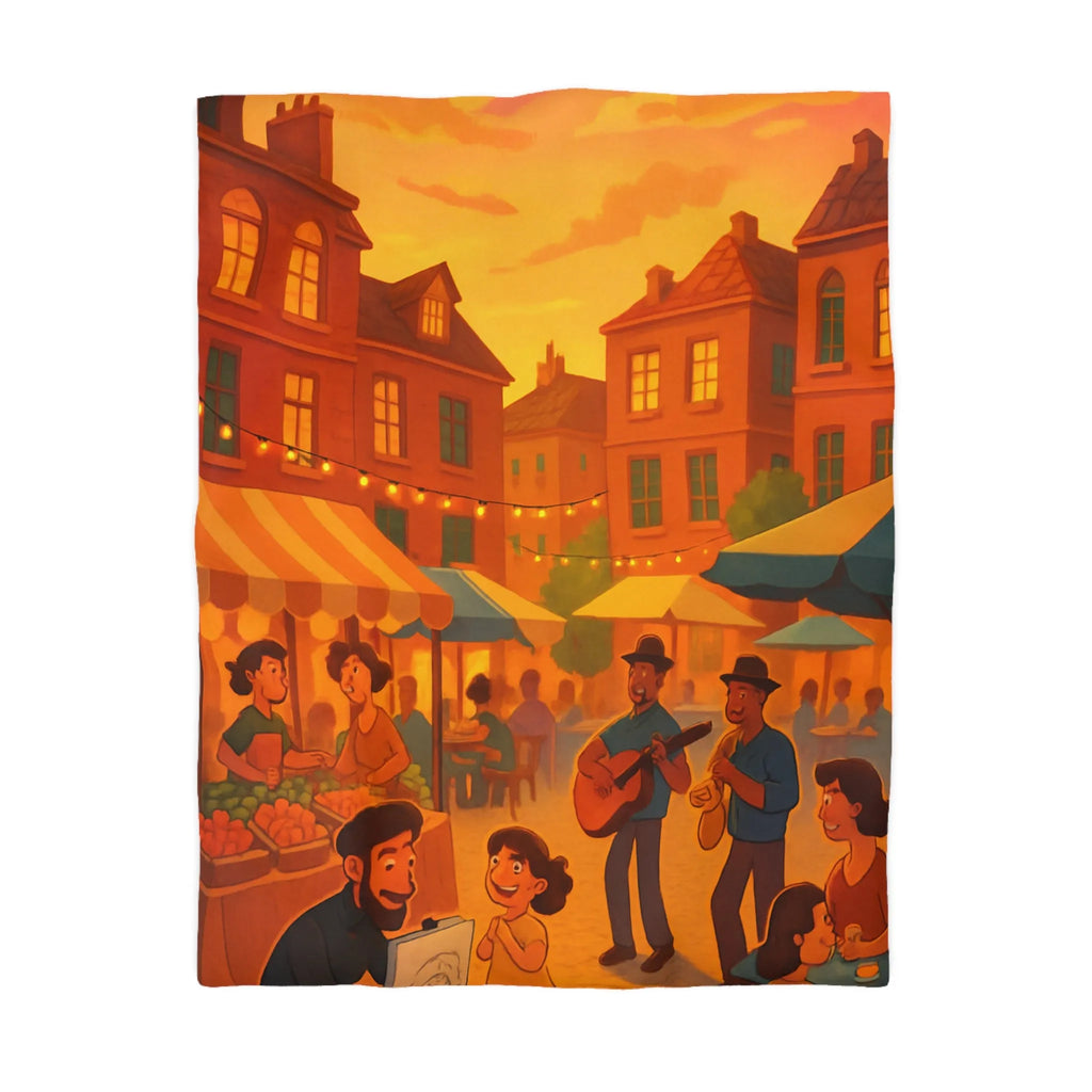 Housse de couette avec illustration de marché animé au coucher de soleil vibrant