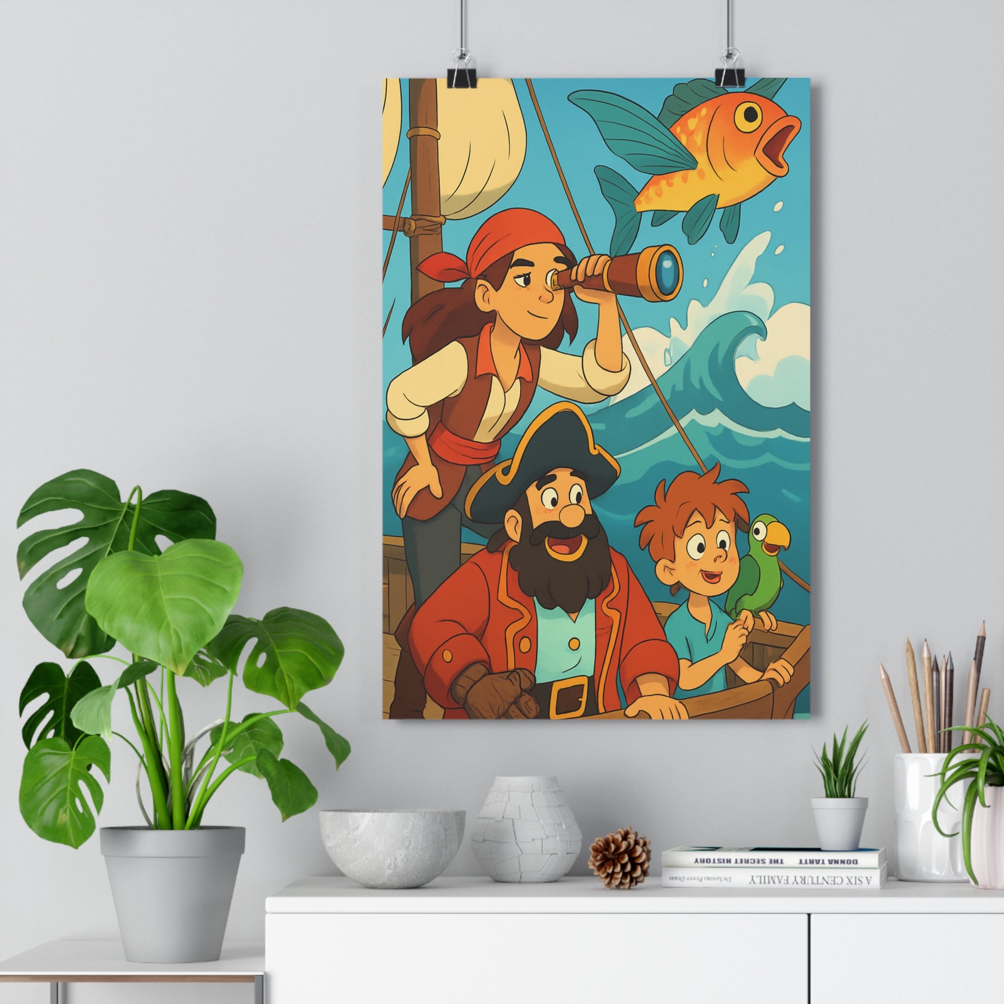 Poster décoratif pirate bleu rouge chambre enfant moderne mystique océan navire exploration aventure qualité
