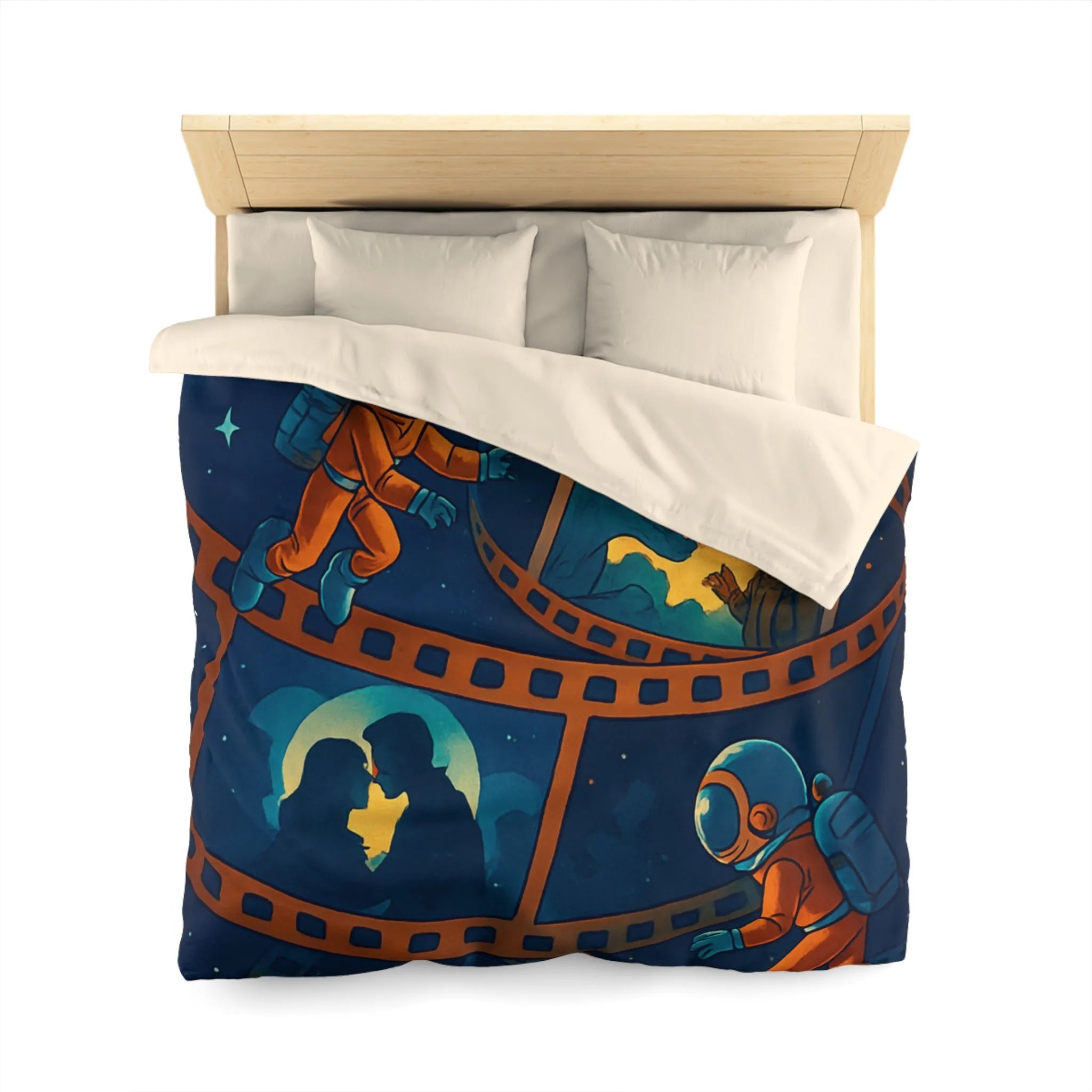 Housse de couette cosmos rêveur avec astronautes et séquences cinématographiques vintage