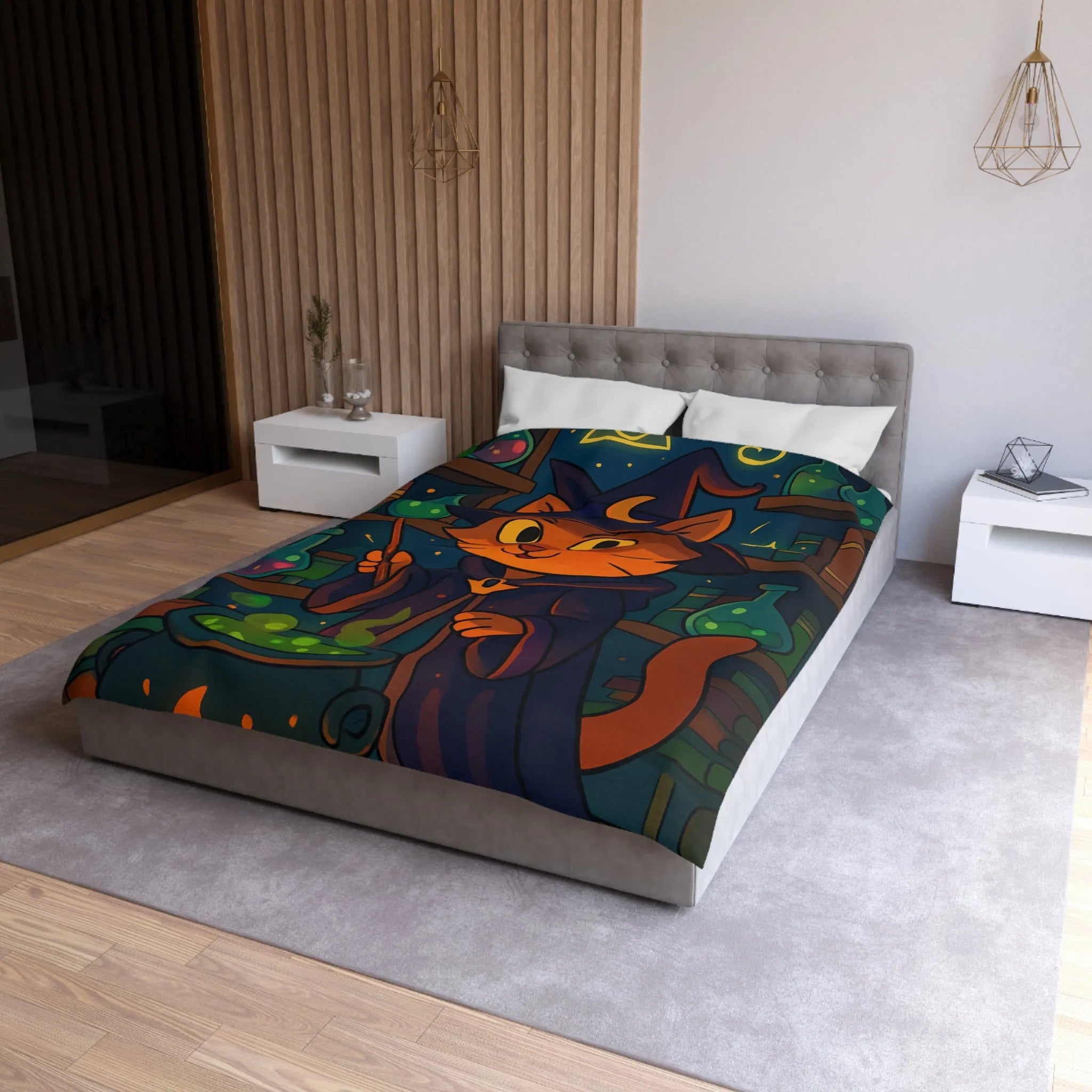 Housse de couette magique avec chat sorcier, chaudron et bibliothèque alchimiste enchanteresse
