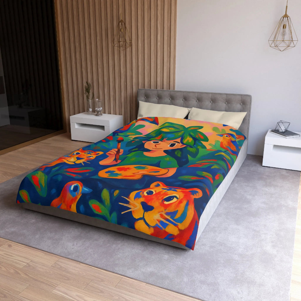 Housse de couette colorée avec tigres et artiste dans une jungle vibrante