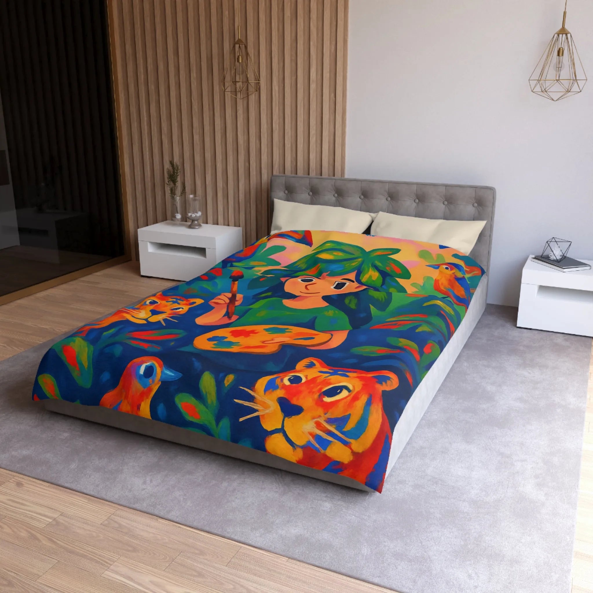 Housse de couette colorée avec tigres et artiste dans une jungle vibrante