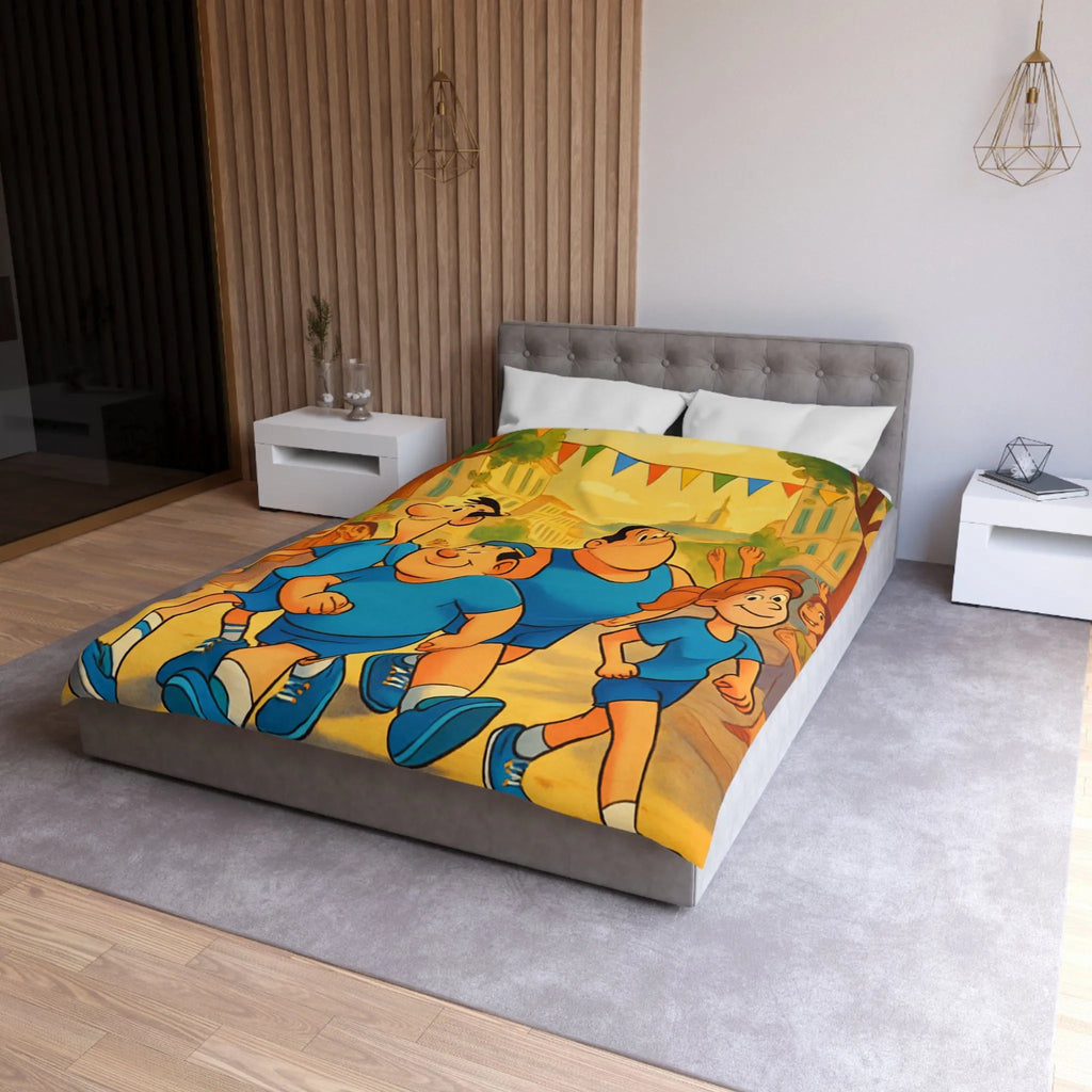 Housse de couette colorée avec personnages marchant joyeusement dans une rue animée