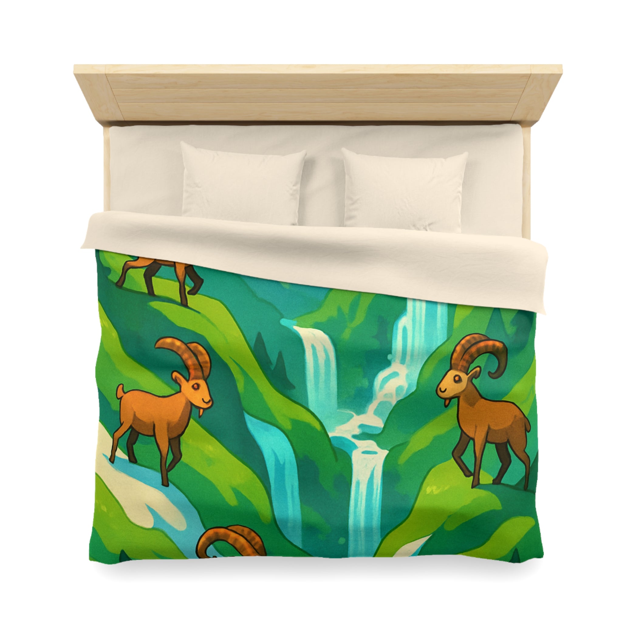 Housse de couette montagneuse avec bouquetins et cascades pour chambre paisible