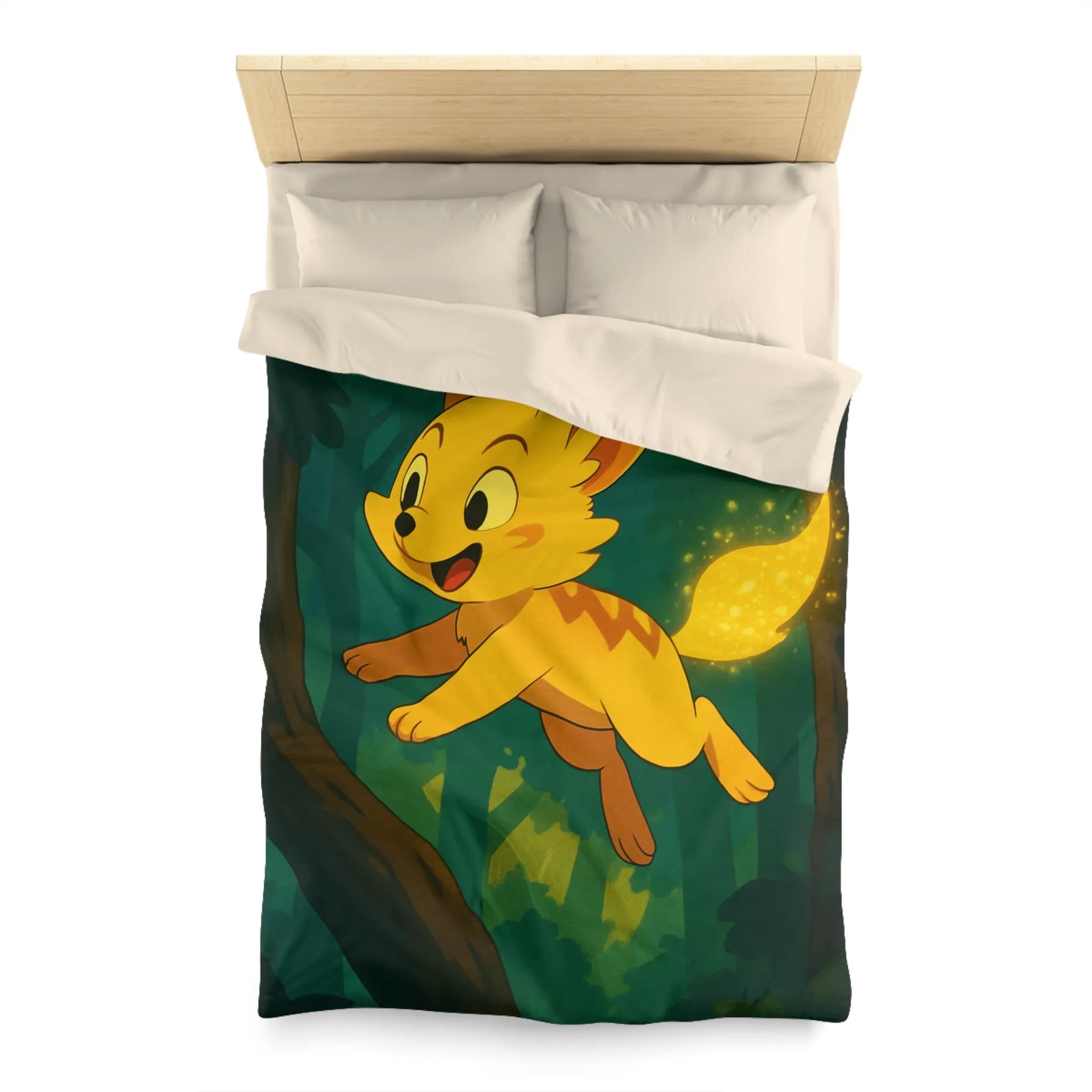 Housse de couette forêt féérique avec créature magique jaune sautant joyeusement à travers les arbres
