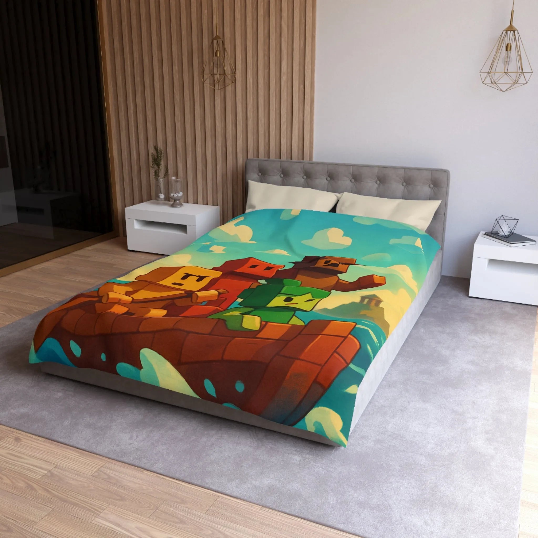 Housse de couette colorée avec personnages pixelisés sur un bateau en mer agité