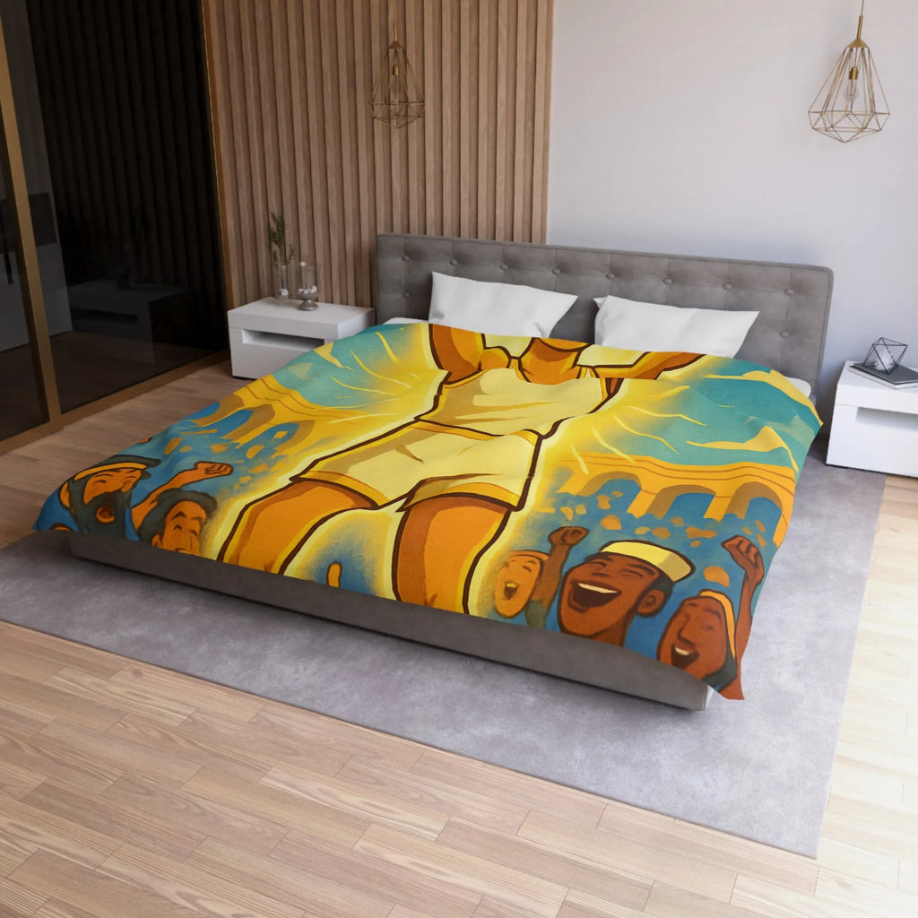 Housse de couette lumineuse avec athlète triomphant dans une arène ensoleillée vibrante