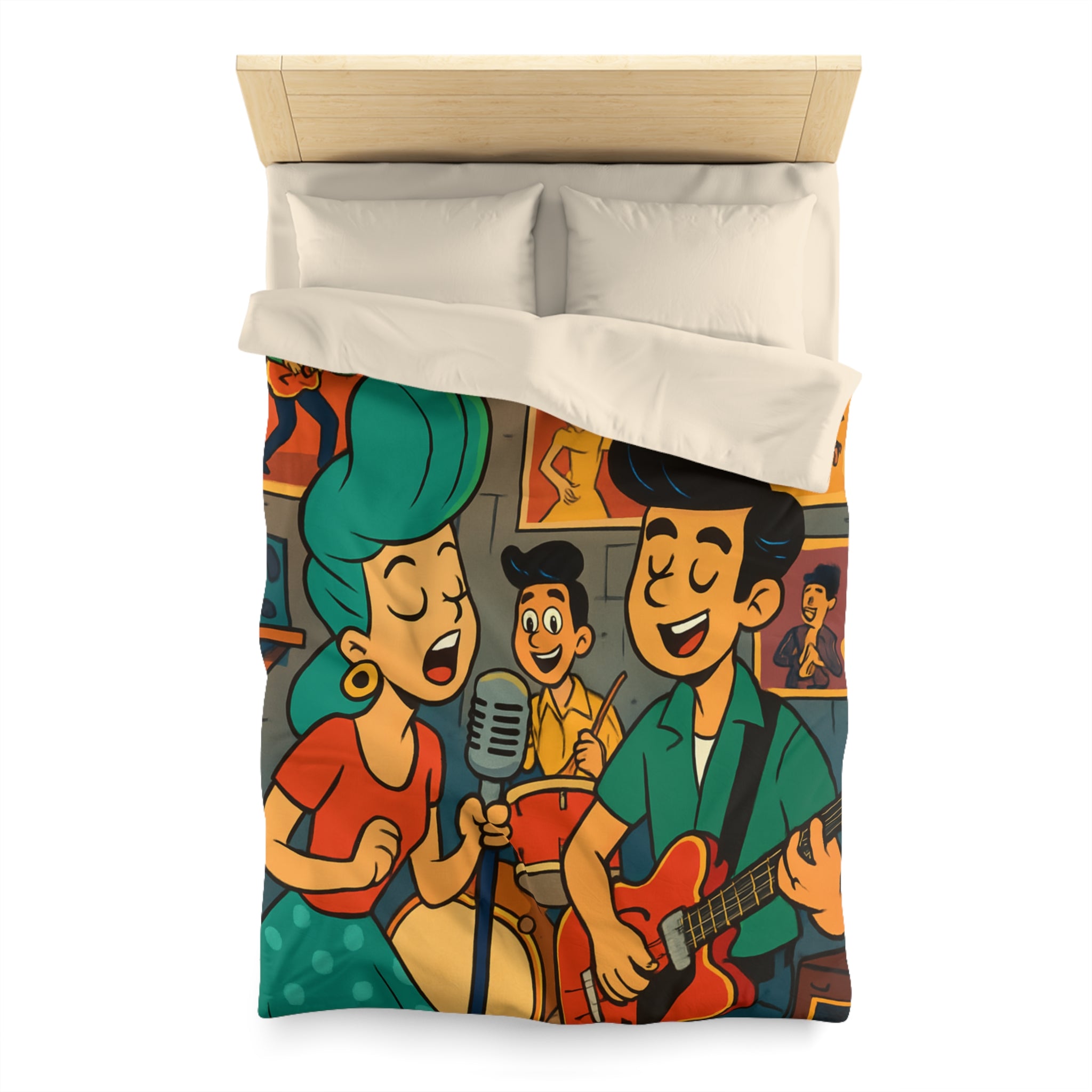 Housse de couette rétro ambiance années 50 avec musiciens et affiches colorées vintage