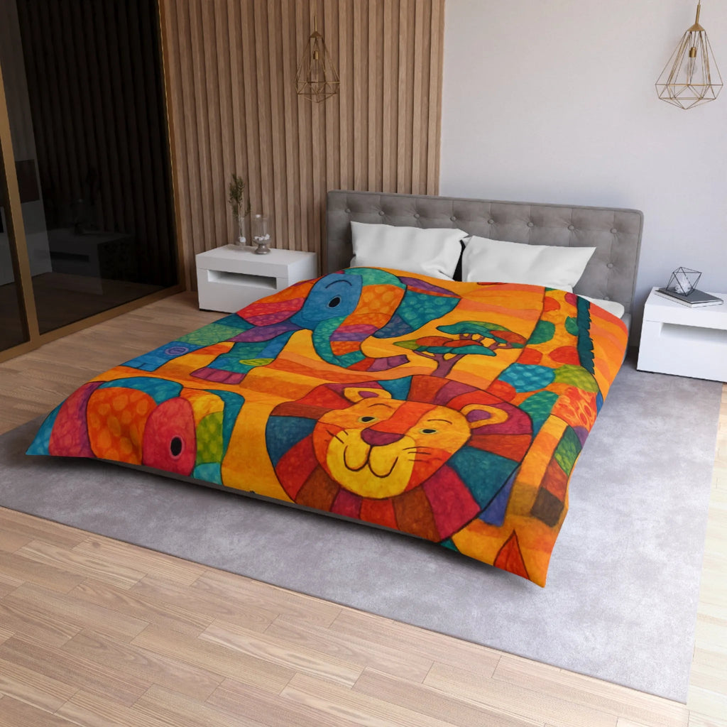 Housse de couette colorée avec éléphants, girafe et lion en style patchwork