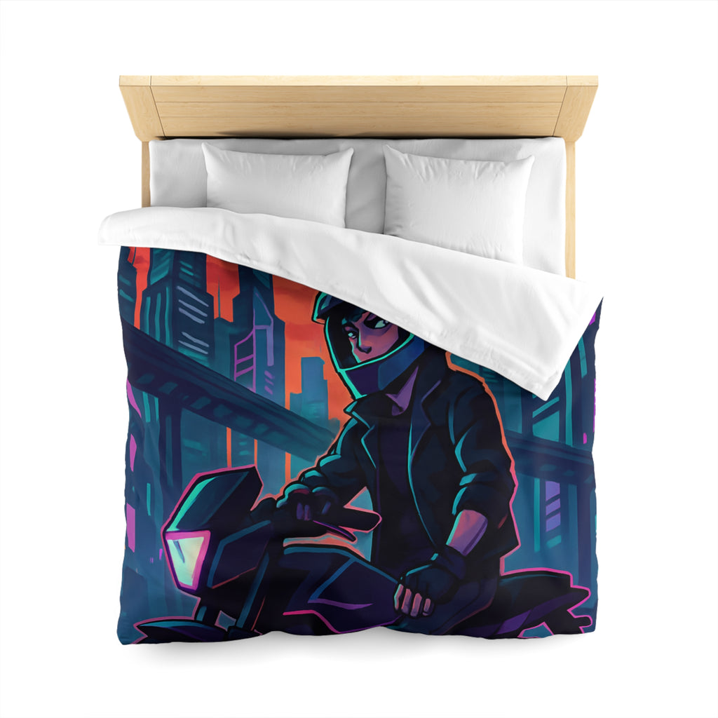 Housse de couette urbaine avec motard futuriste dans une ville de néons colorés