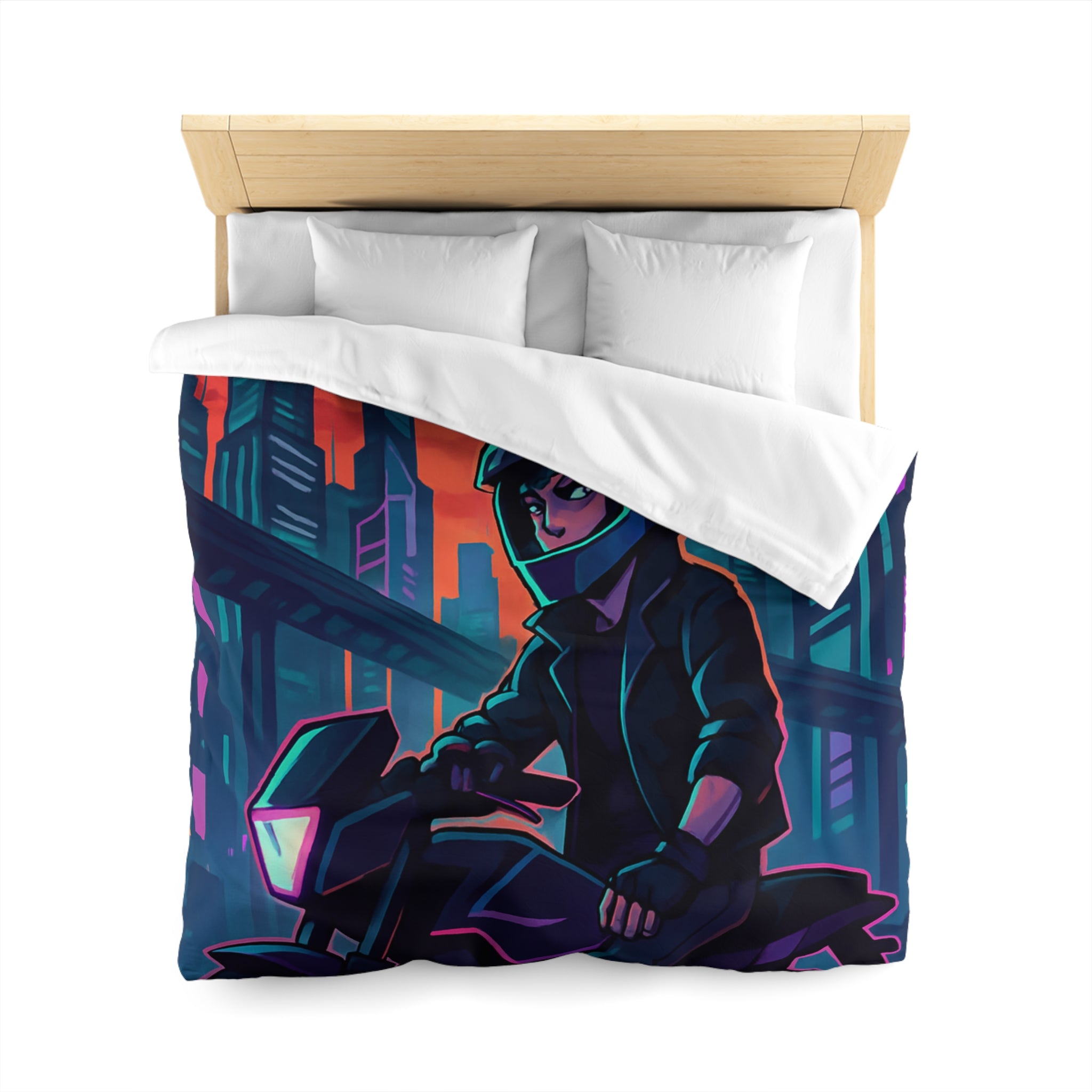Housse de couette urbaine avec motard futuriste dans une ville de néons colorés