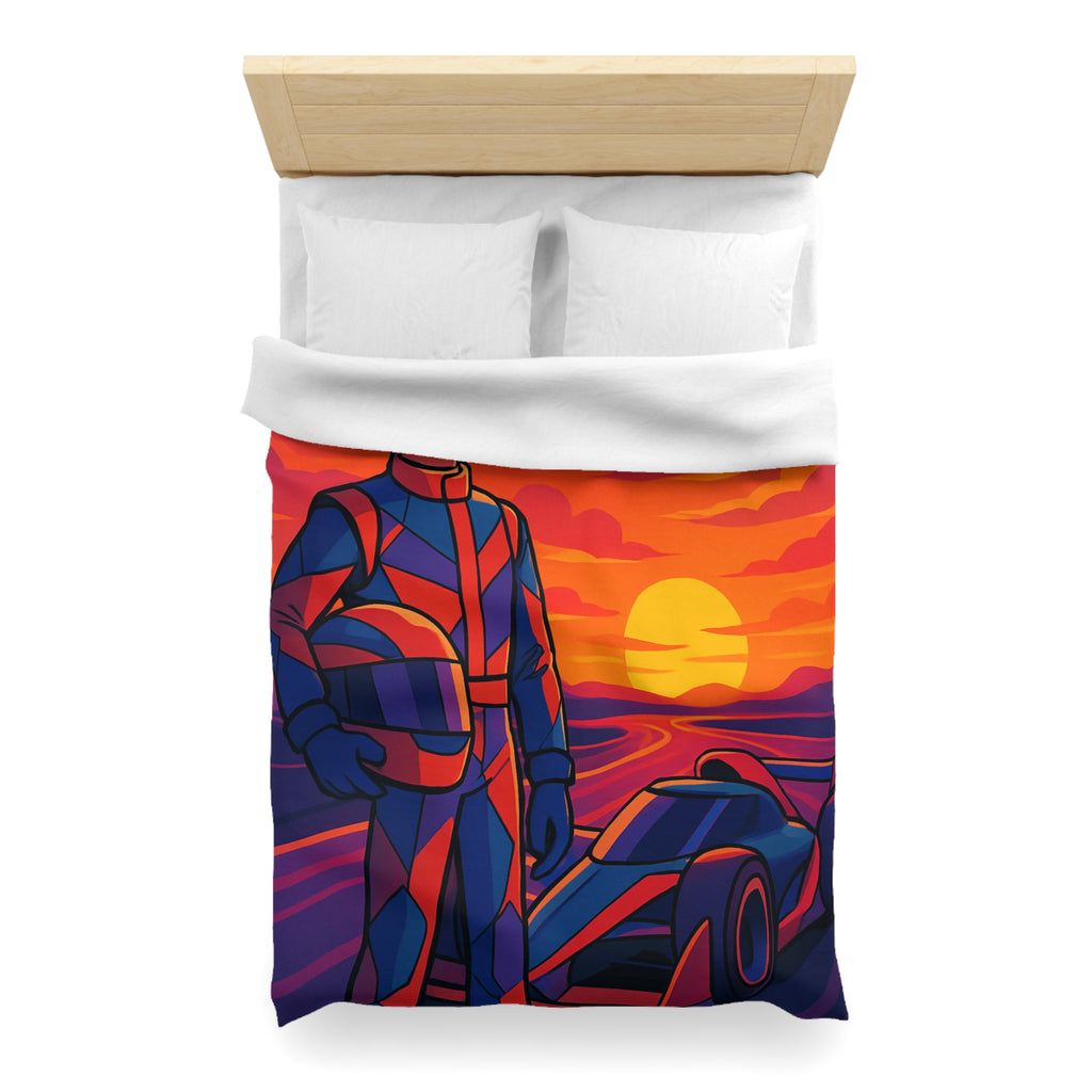 Housse de couette motif pilote de course et voiture au coucher du soleil vibrant