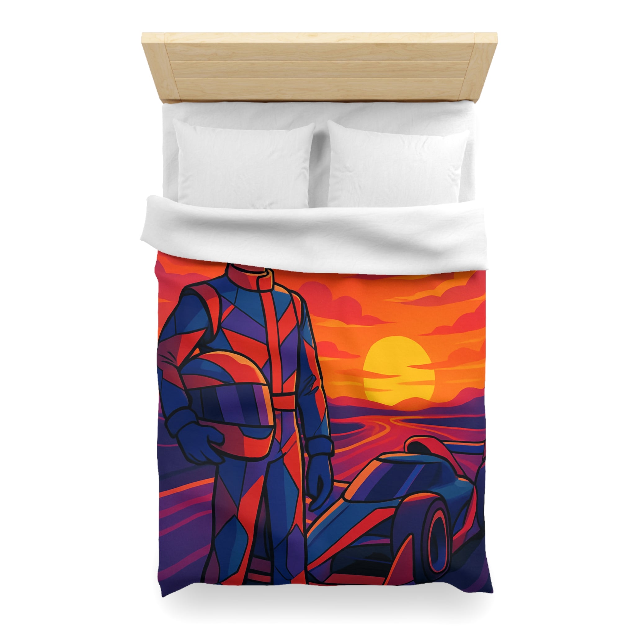 Housse de couette motif pilote de course et voiture au coucher du soleil vibrant