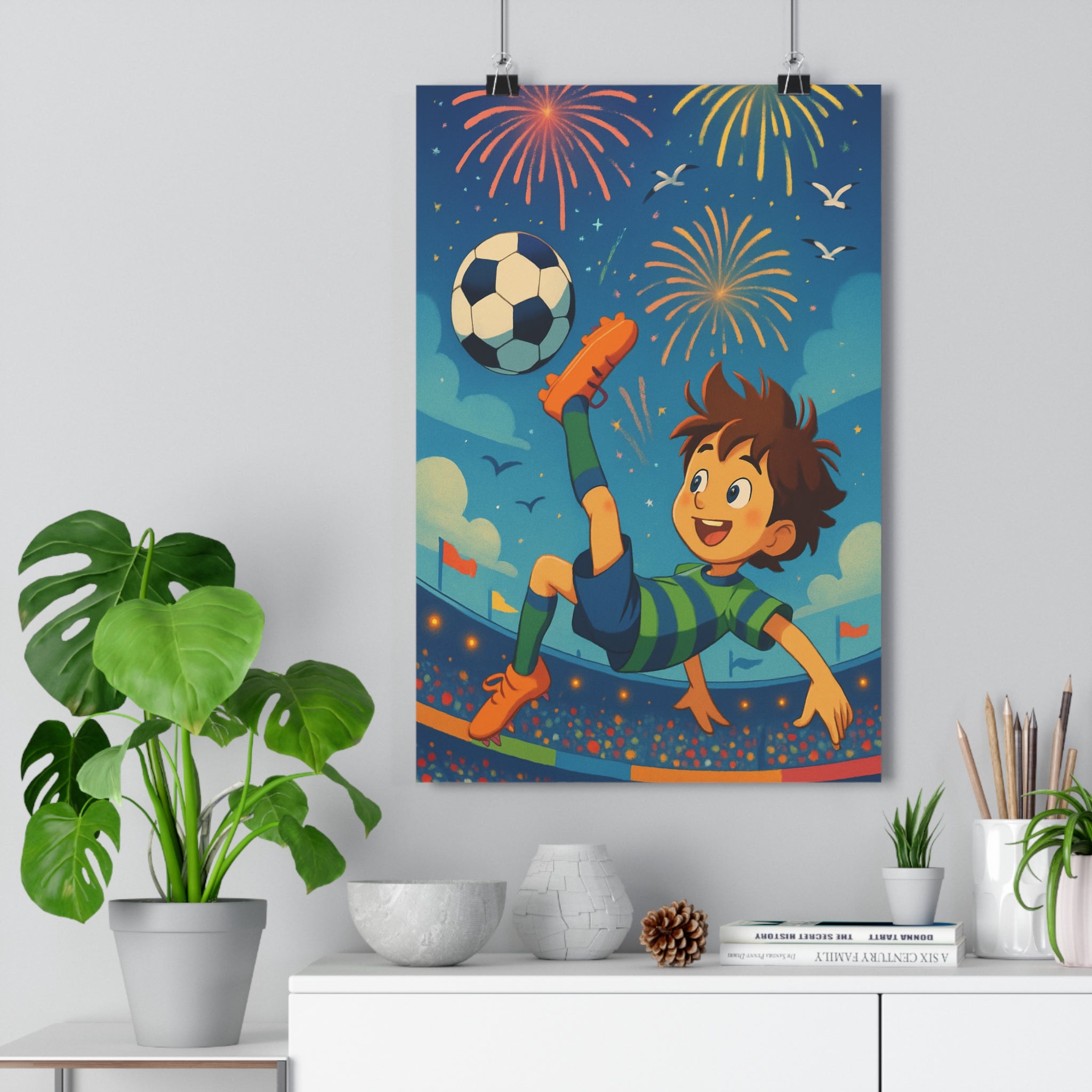 Poster décoratif enfant vert jaune cartoon dynamique joyeux chambre garçon sportif coloré festif football