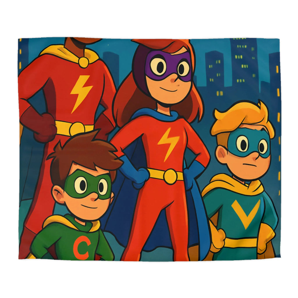 Housse de couette colorée super-héros pour enfants avec scène urbaine lumineuse et joyeuse