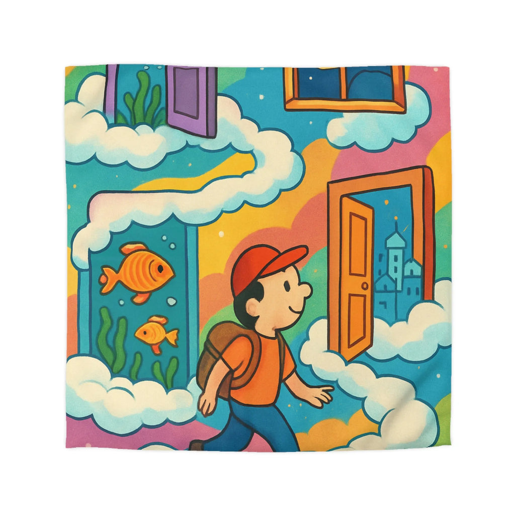 Housse de couette colorée avec portes magiques, nuages et aventure pour enfants rêveurs