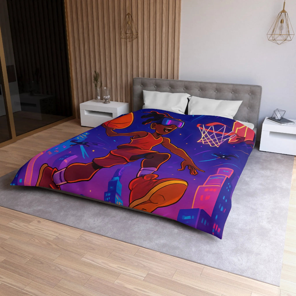 Housse de couette colorée avec joueur de basket futuriste volant avec drones cabine urbaine