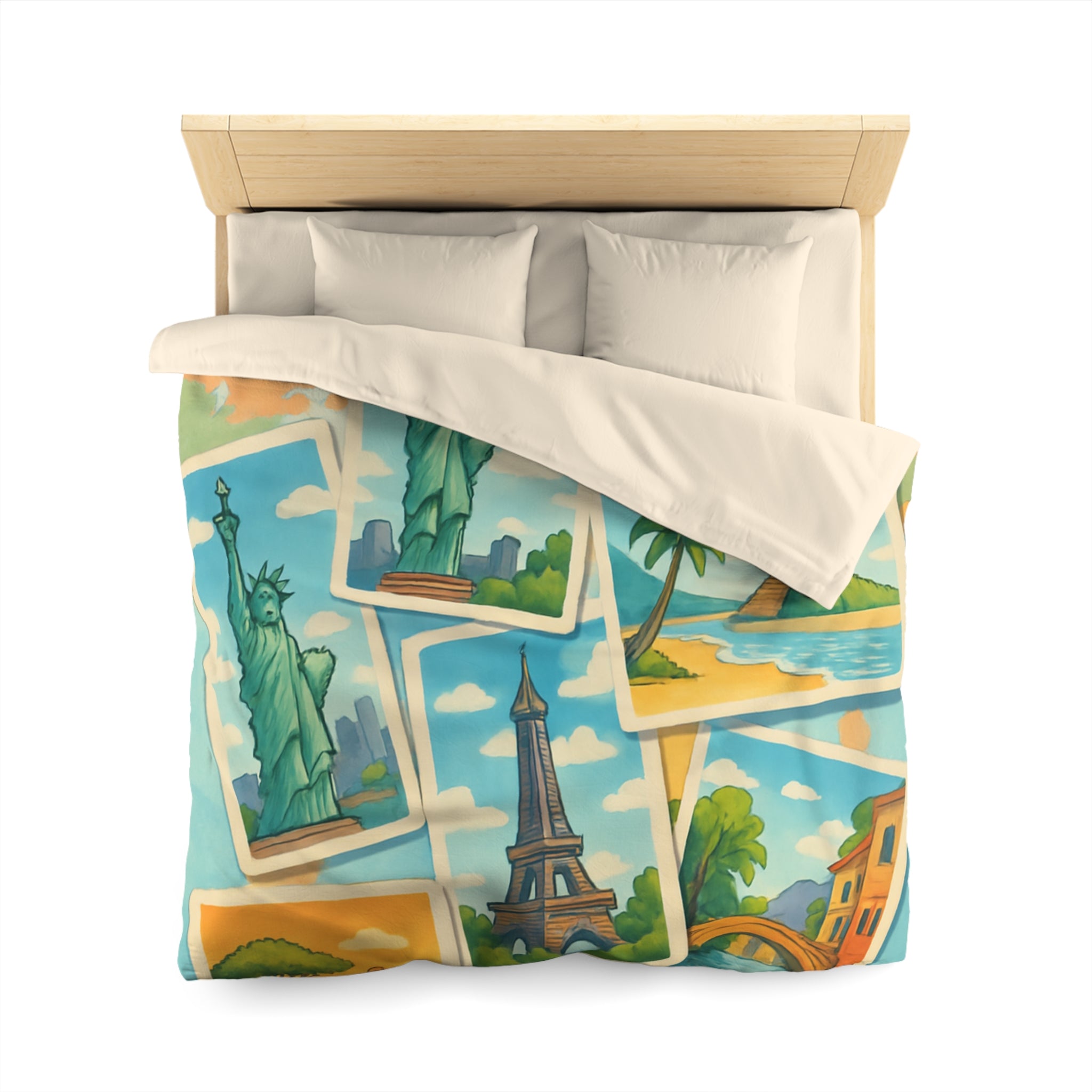 Voyage Mondial Coloré: Housse de Couette avec Monuments et Paysages Iconiques des Continents