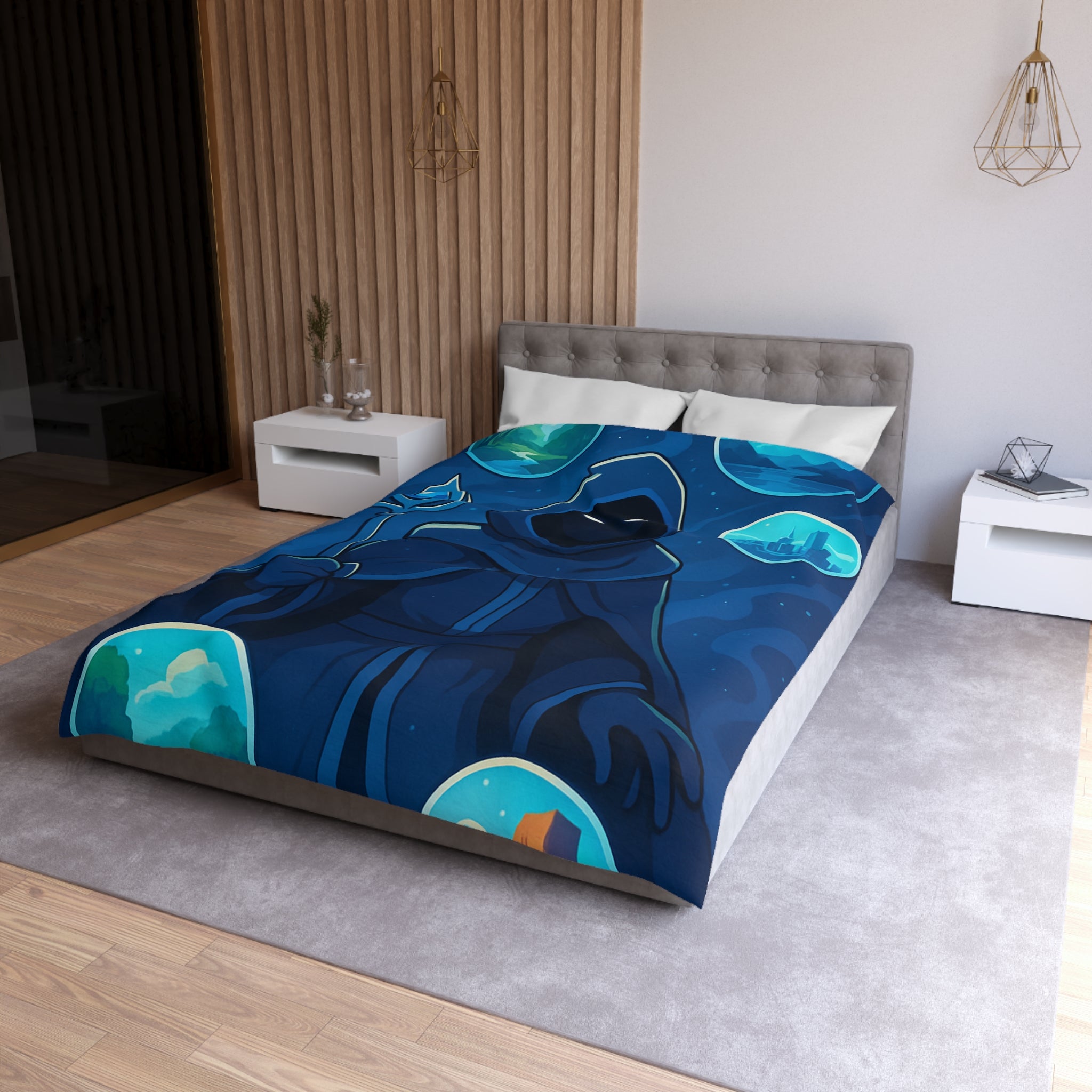 Housse de couette mystique avec sorcier et paysages fantastiques pour chambre à thème magique