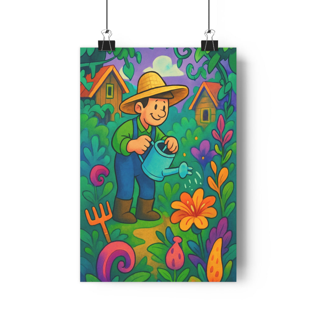 Poster décoratif jardin enchanté cartoon vibrant joyeux fleurs colorées chambre salon bureau rêveur ambiance