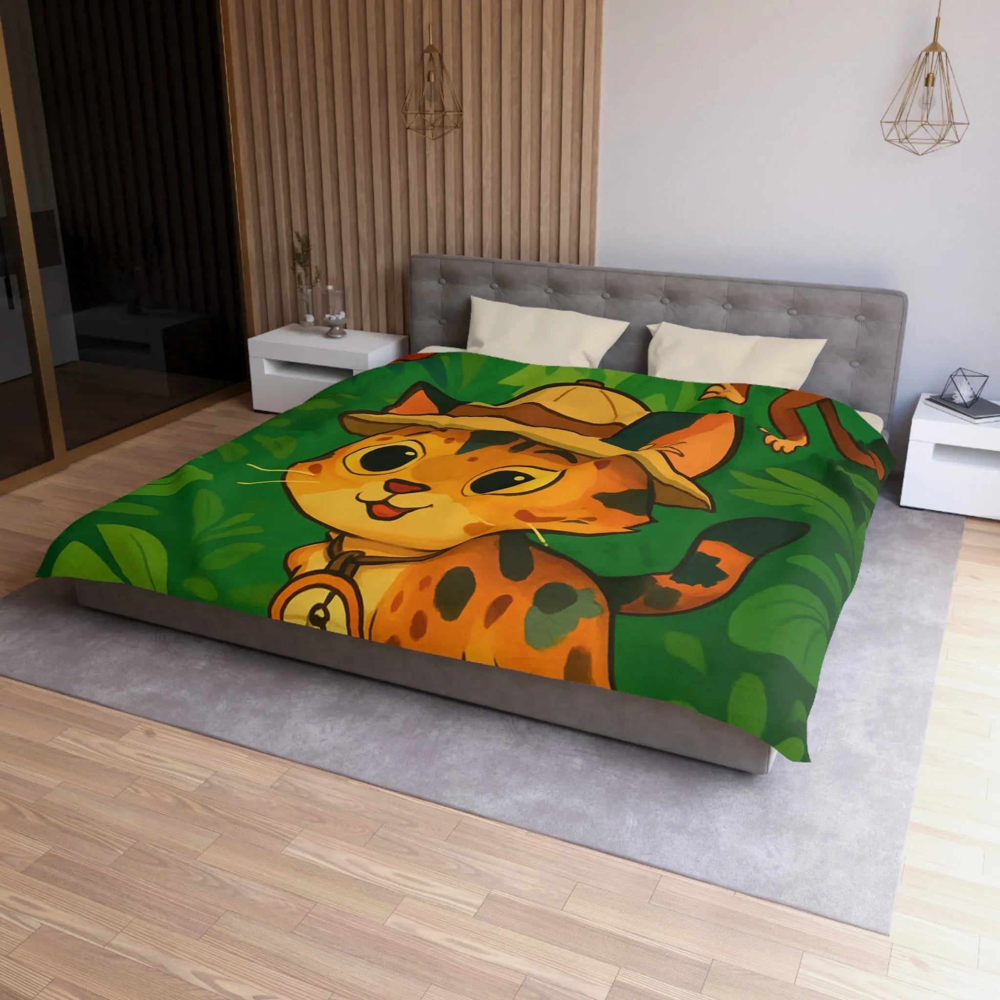 Housse de couette avec chat explorateur, jungle colorée, perroquet et singe joyeux