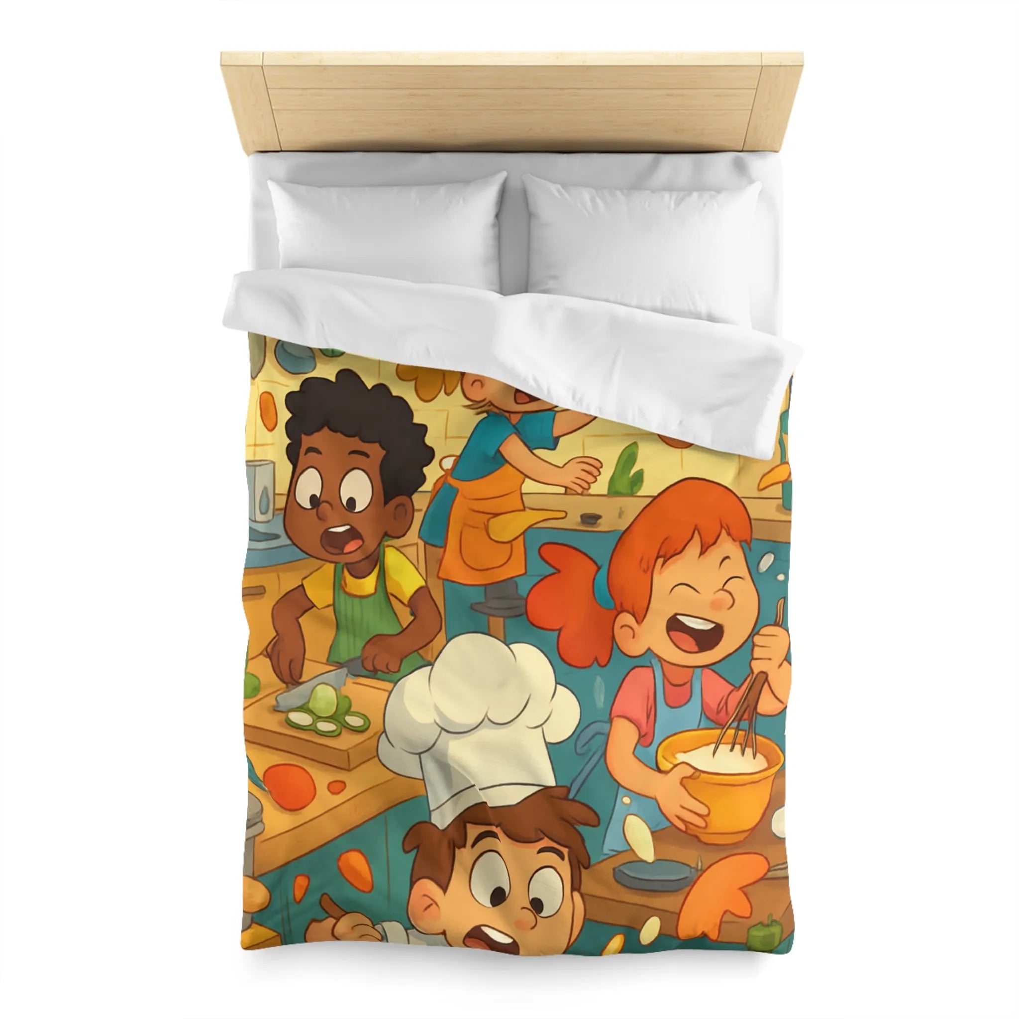 Housse de couette illustrée cuisine enfants joyeux couleurs vives spatule éclaboussures légumes