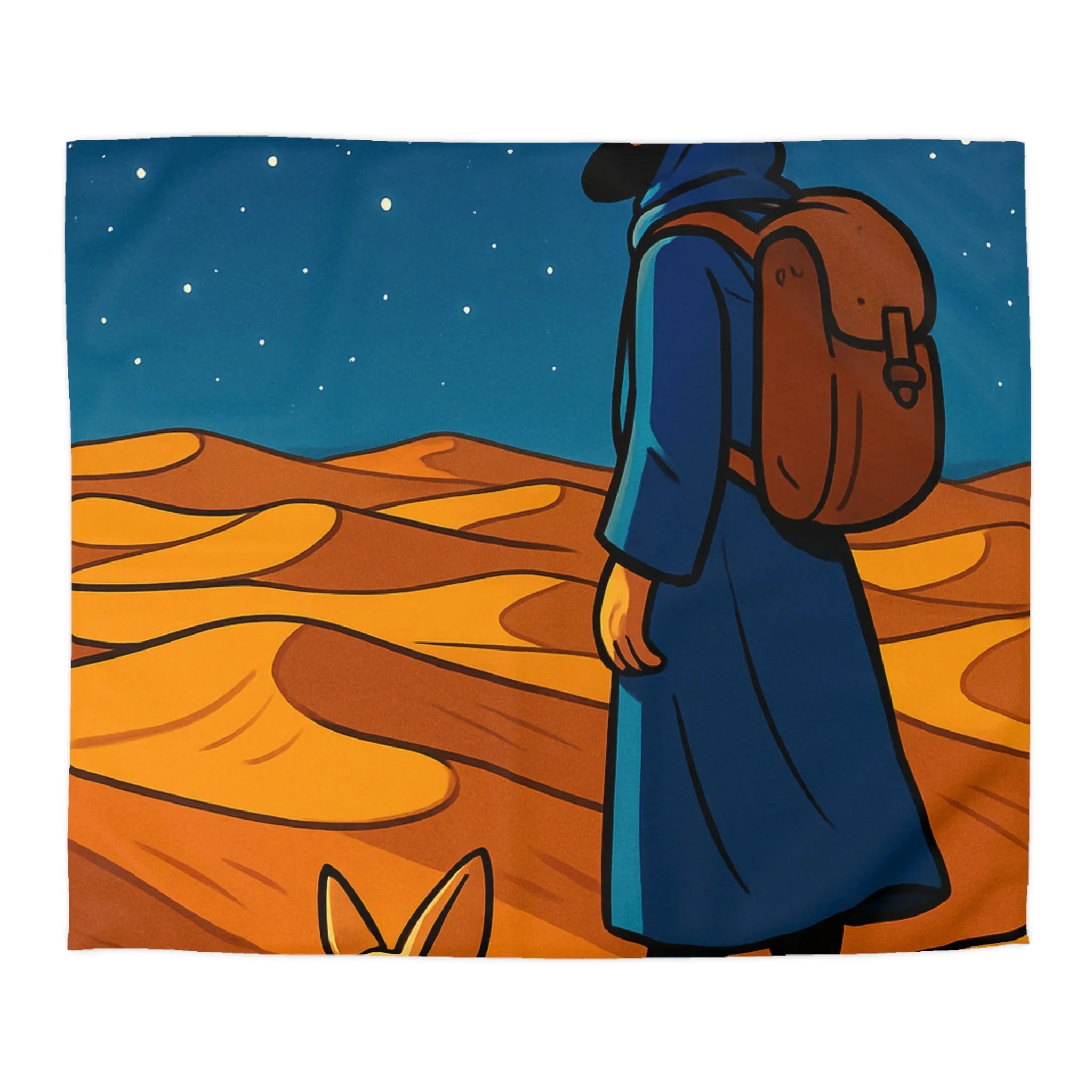 Housse de Couette Désert Nocturne Nomade Bleu Étoilé et Renard des Sables Enchanté
