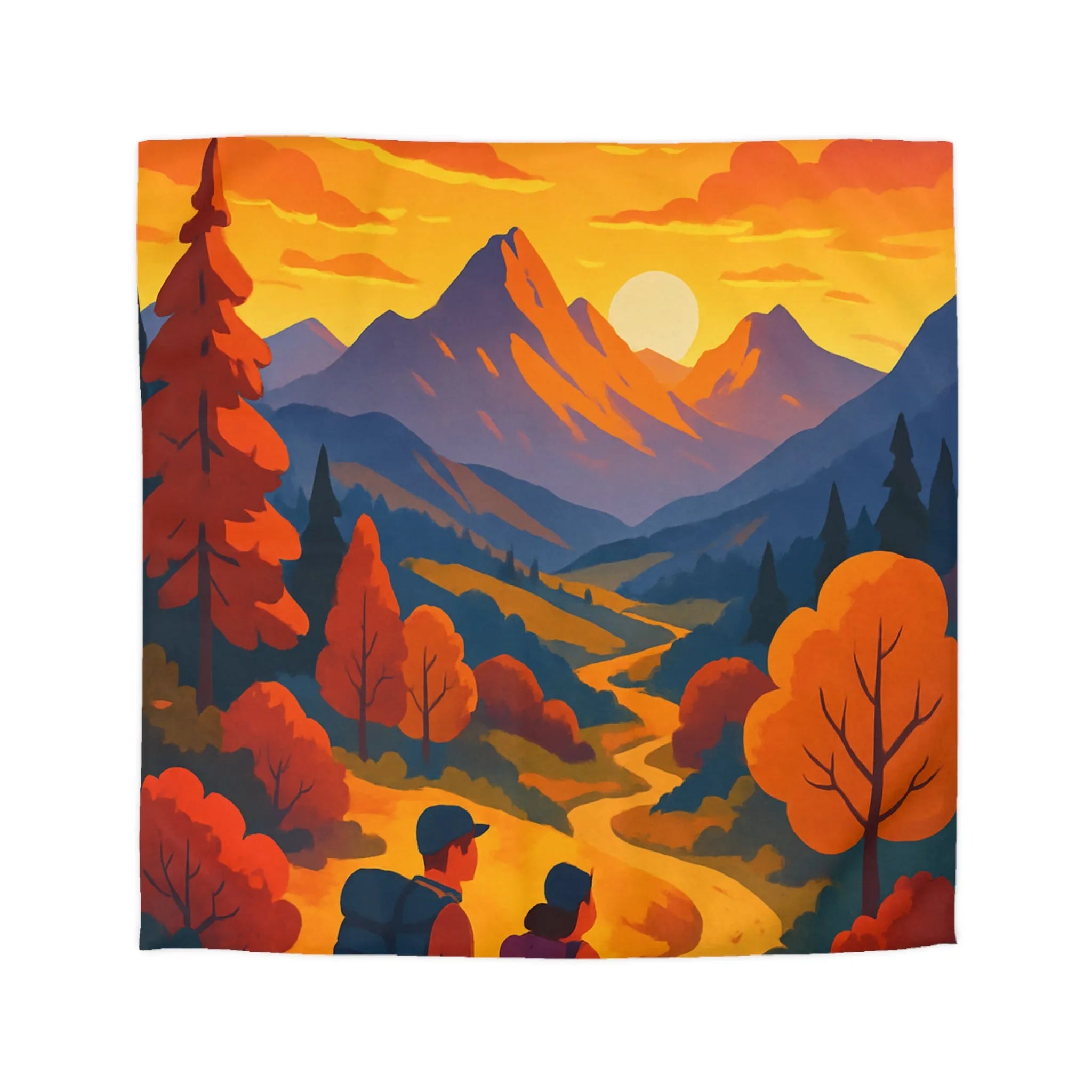 Housse de couette colorée avec paysage de montagne au coucher du soleil pour randonneurs