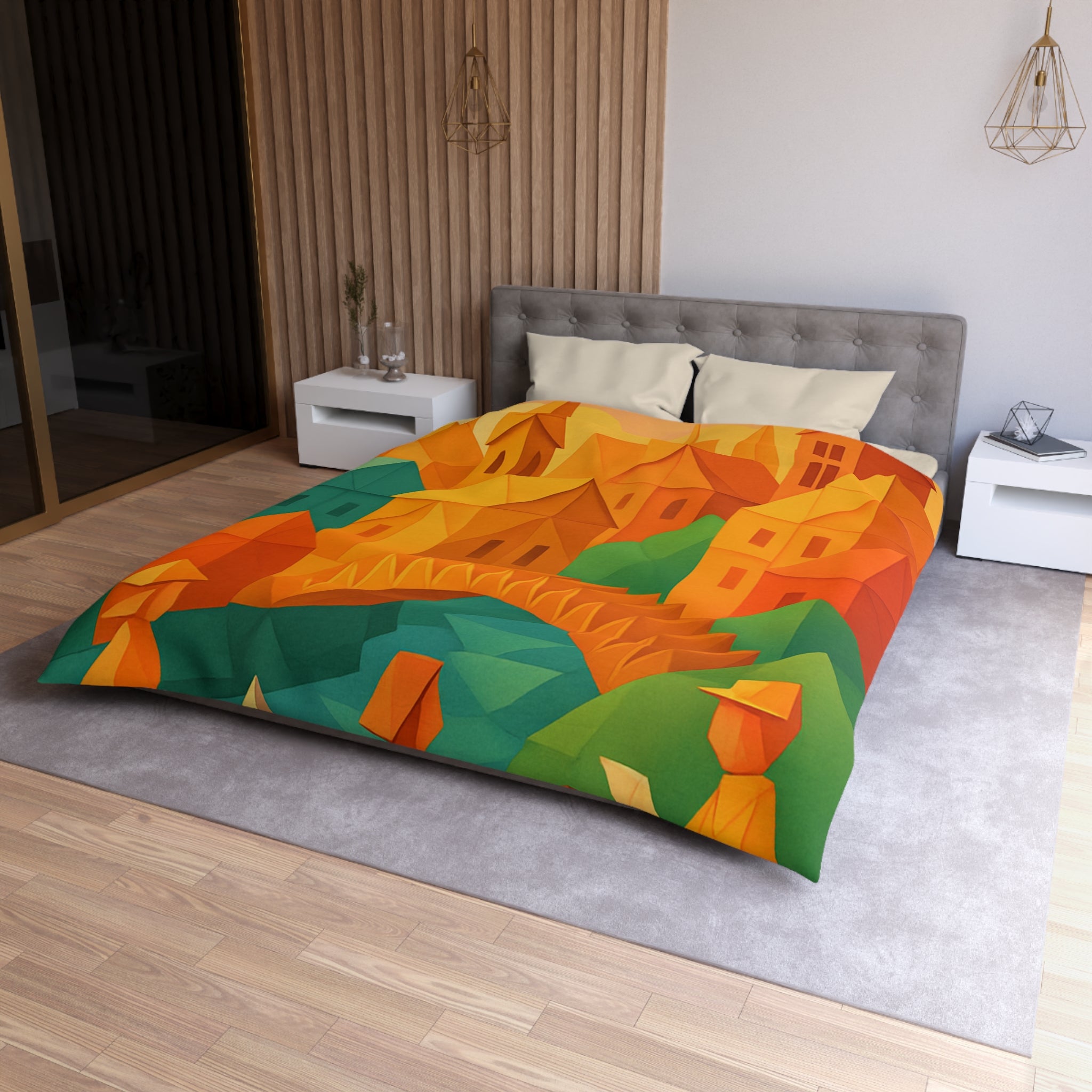 Housse de couette motif origami coloré avec paysage urbain et silhouettes humaines